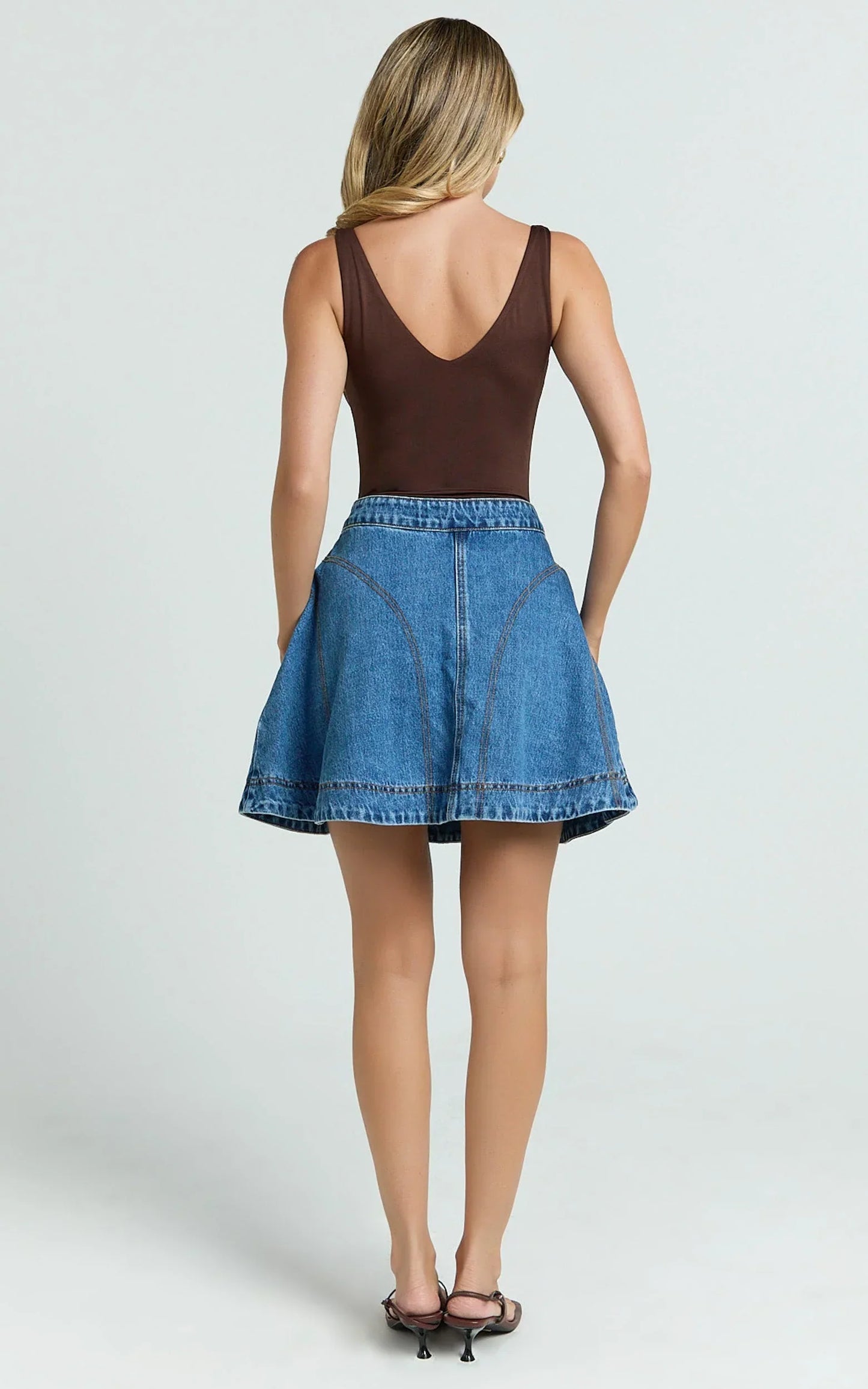 Koemi Skirt - High Waisted Denim Flare in Mid Blue Wash