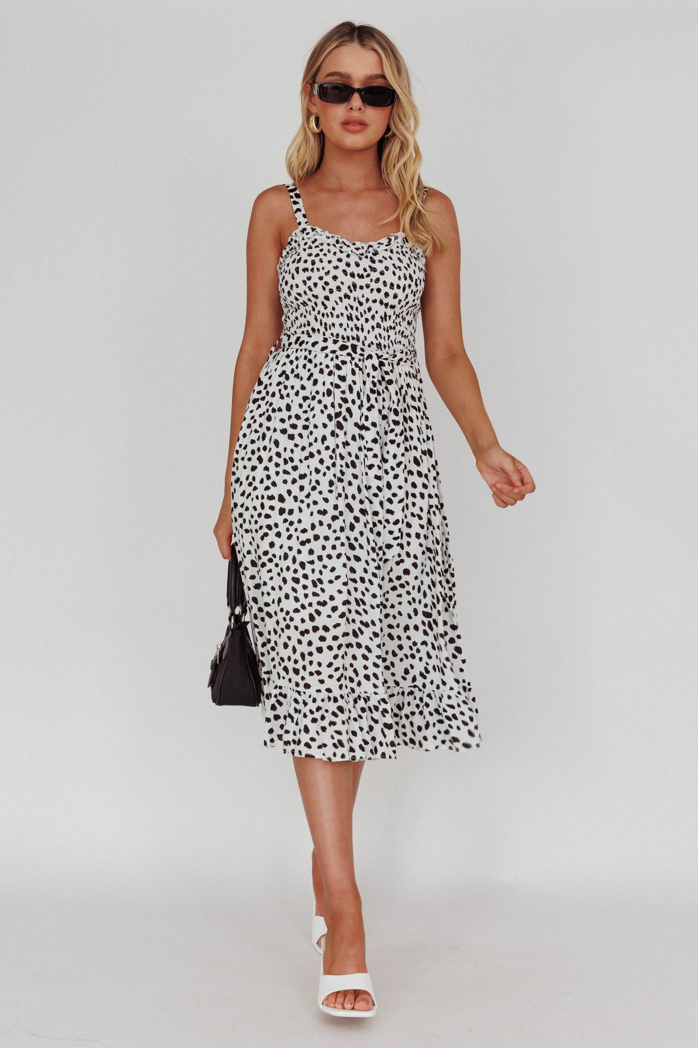 Honey Shirred Frill Midi Dress White/Black