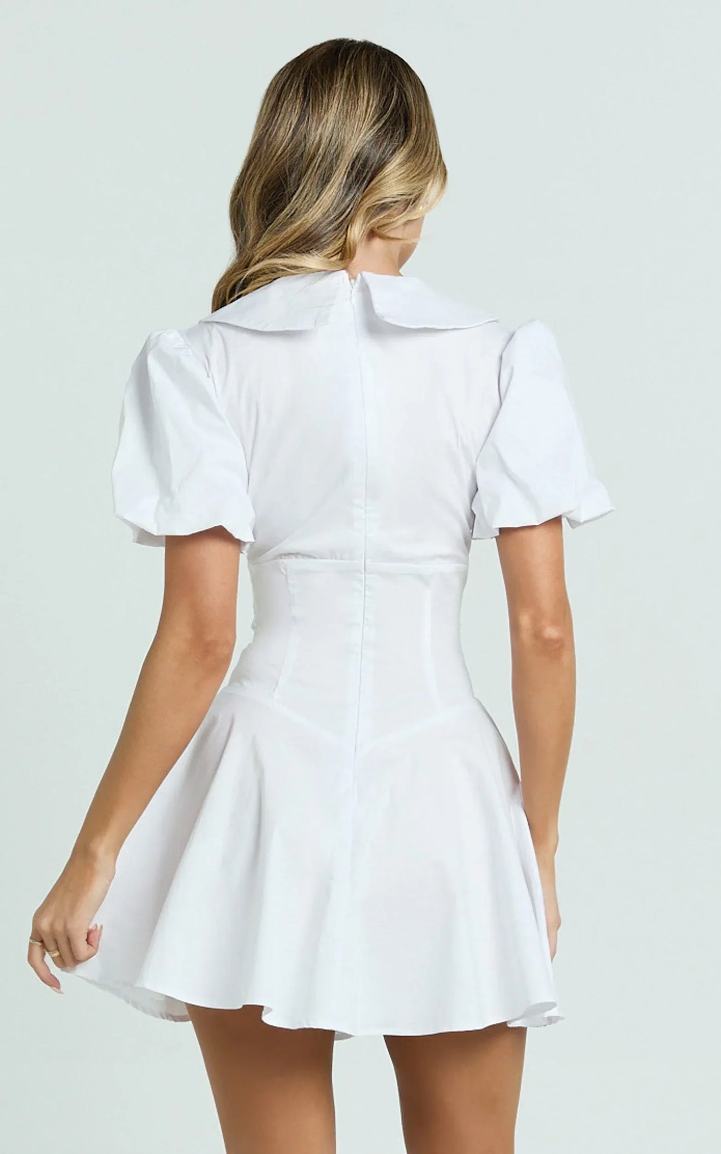 Lucy Mini Dress - Deep V Oversized Collar Puff Sleeve A Line Dress in White