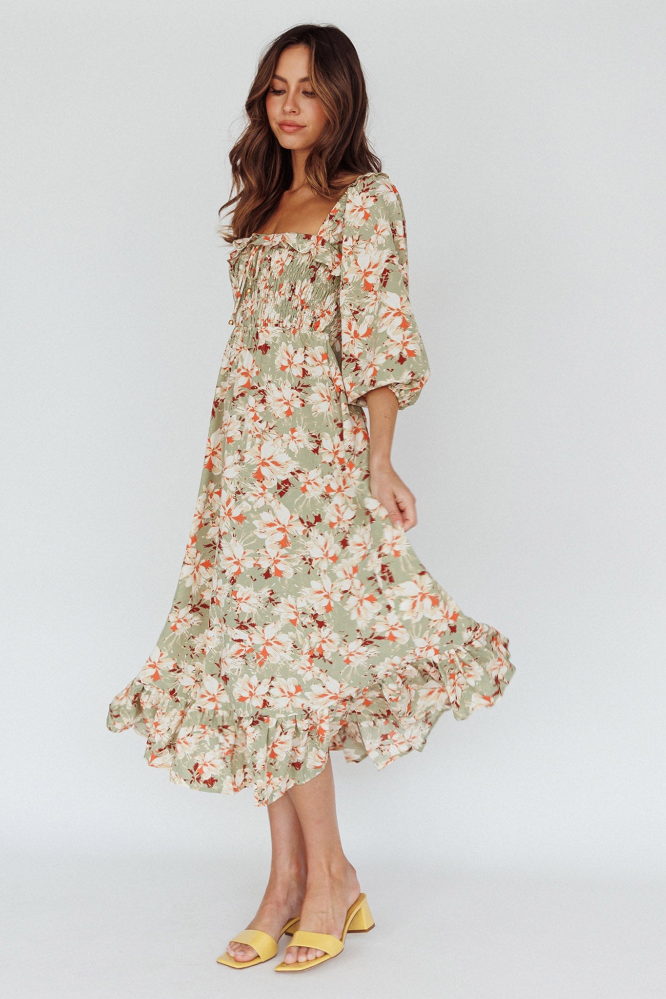 Flynn Balloon Sleeve Shirred Midi Dress Floral Green
