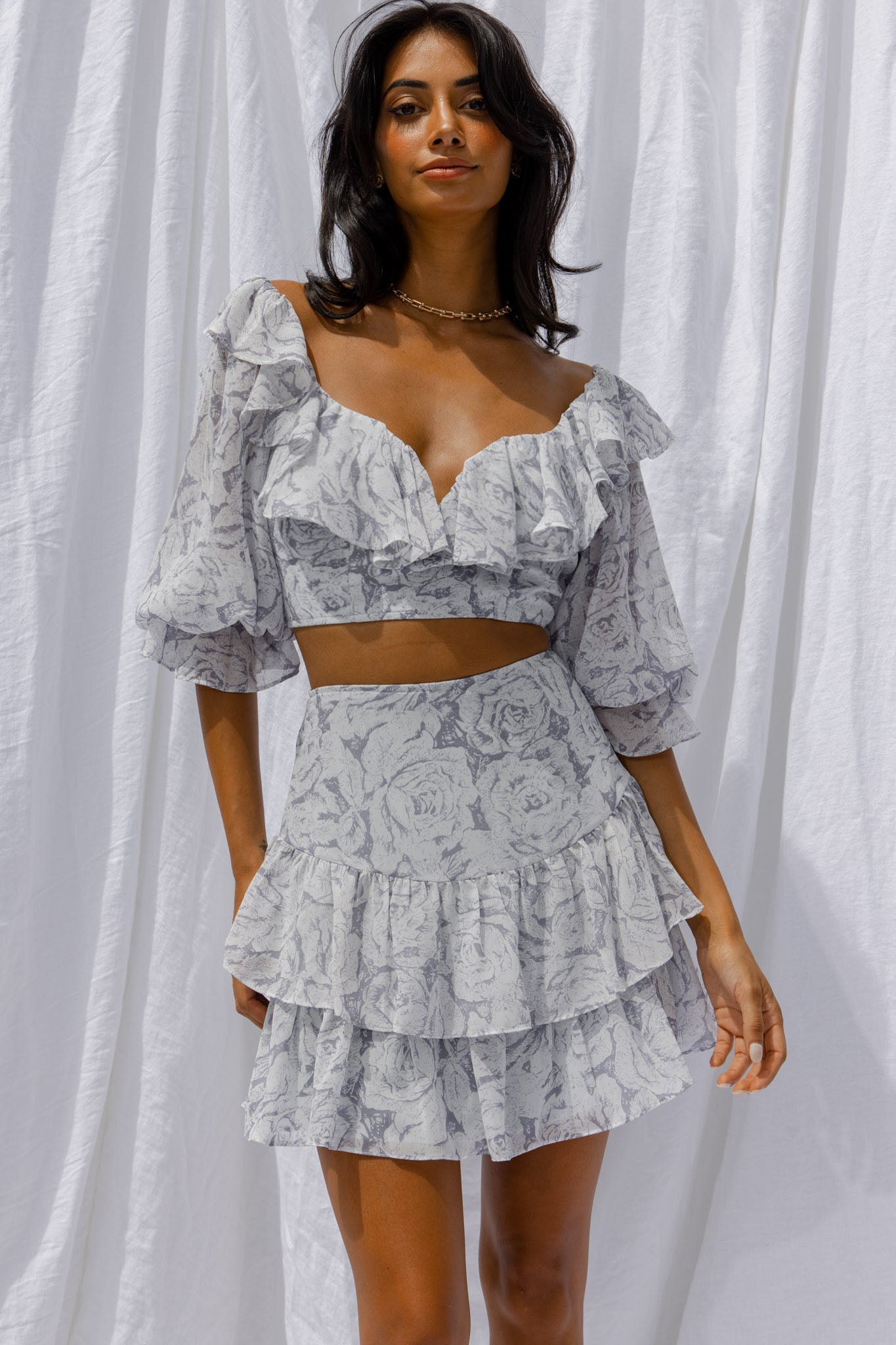 Kiss And Tell Double Layered Flounce Hem Skirt Rose Print Ink