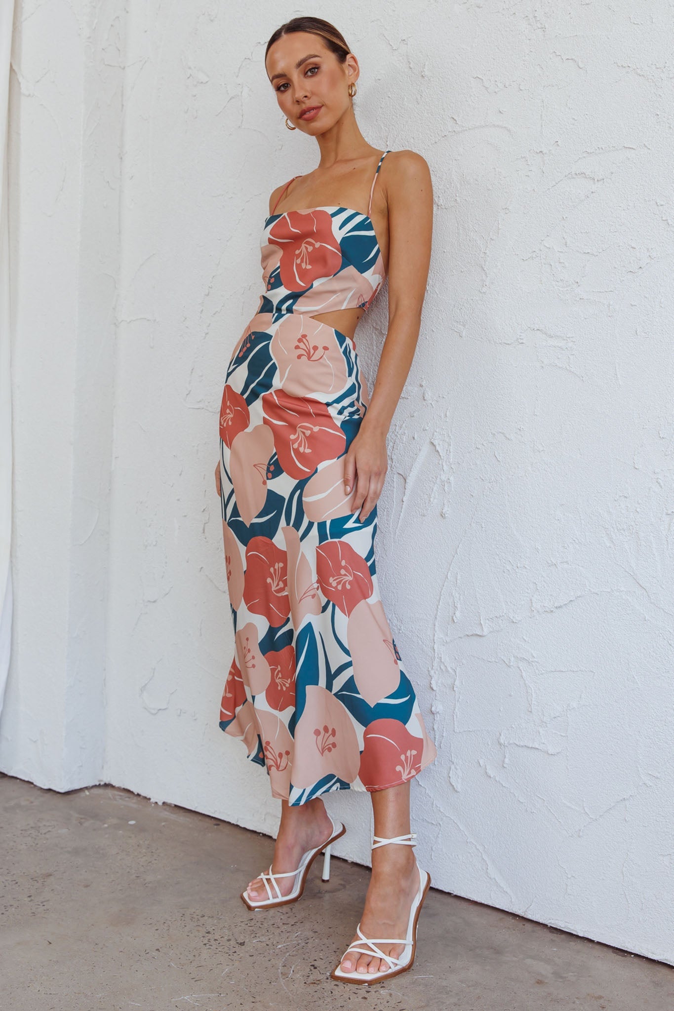 Sunday Bliss Tie-Up Back Cowl Neck Midi Dress Flower Red
