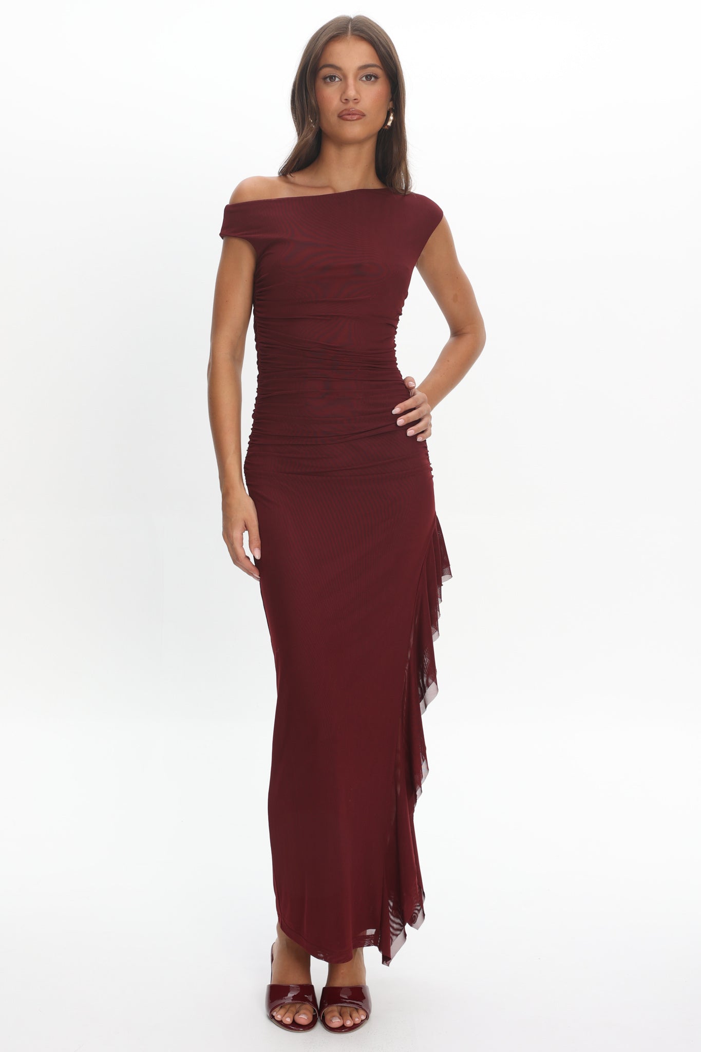 Moonlit Magic Asymmetric Neckline Slit Maxi Dress Wine