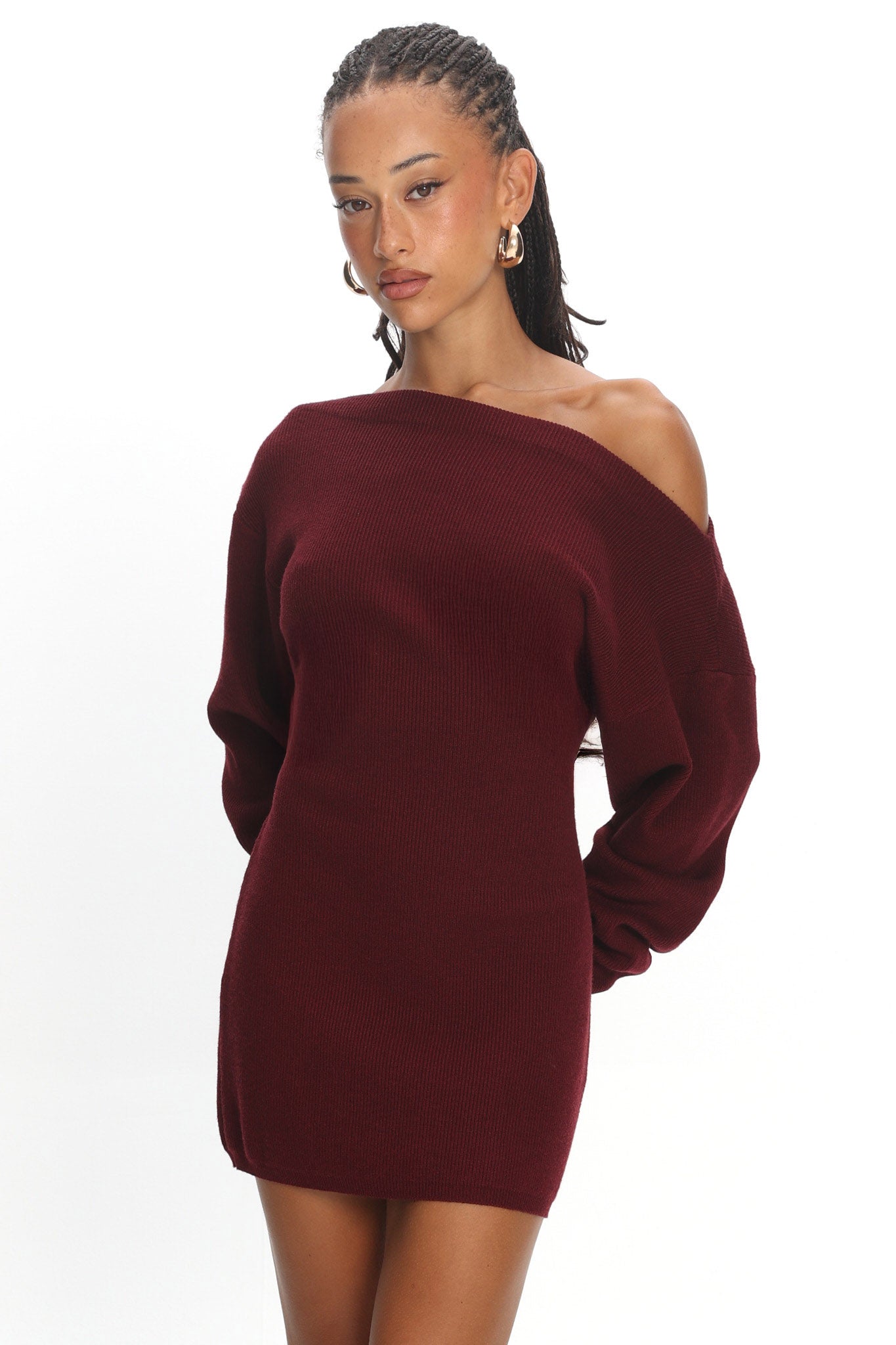 Fremont One-Shoulder Fuzzy Knit Mini Dress Wine