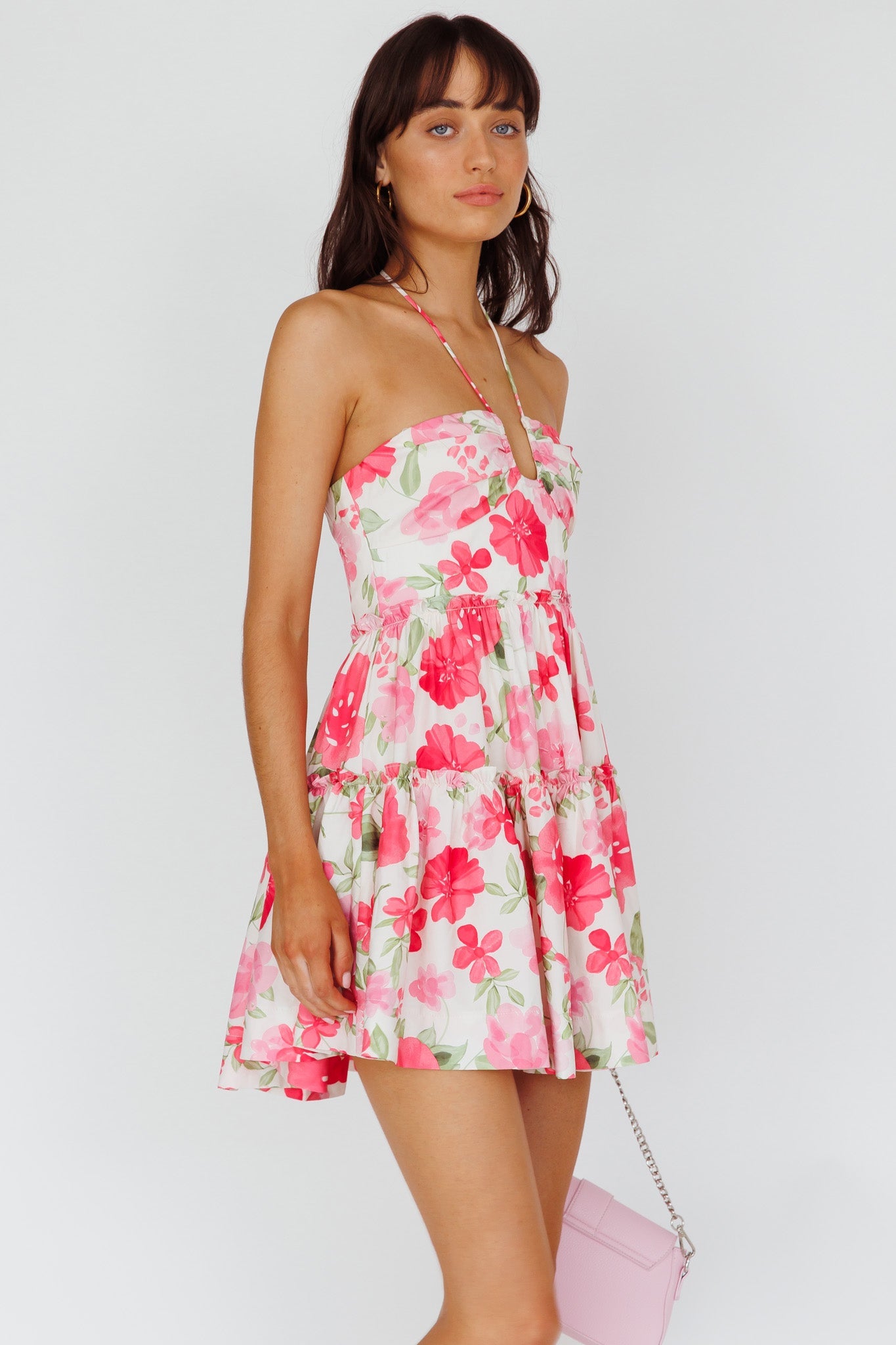 Horizons Frill Trim Mini Dress Floral Pink