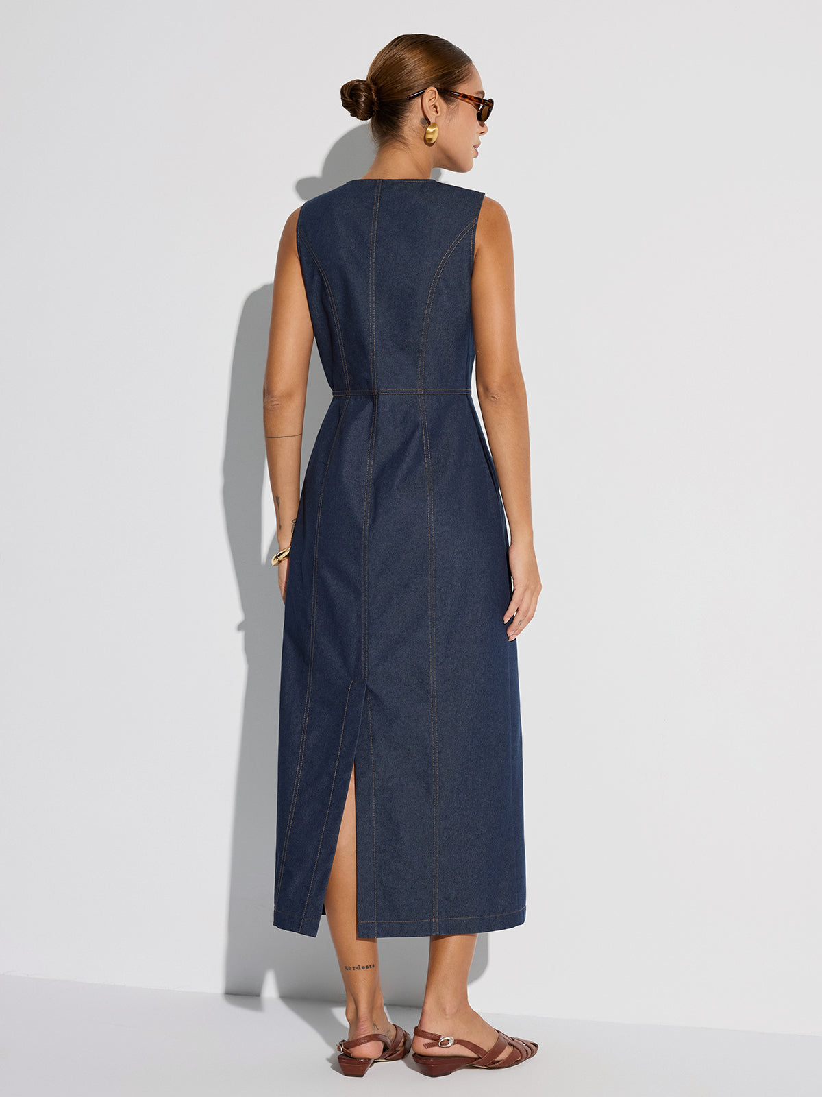 Button-Front Sleeveless Denim Maxi Dress