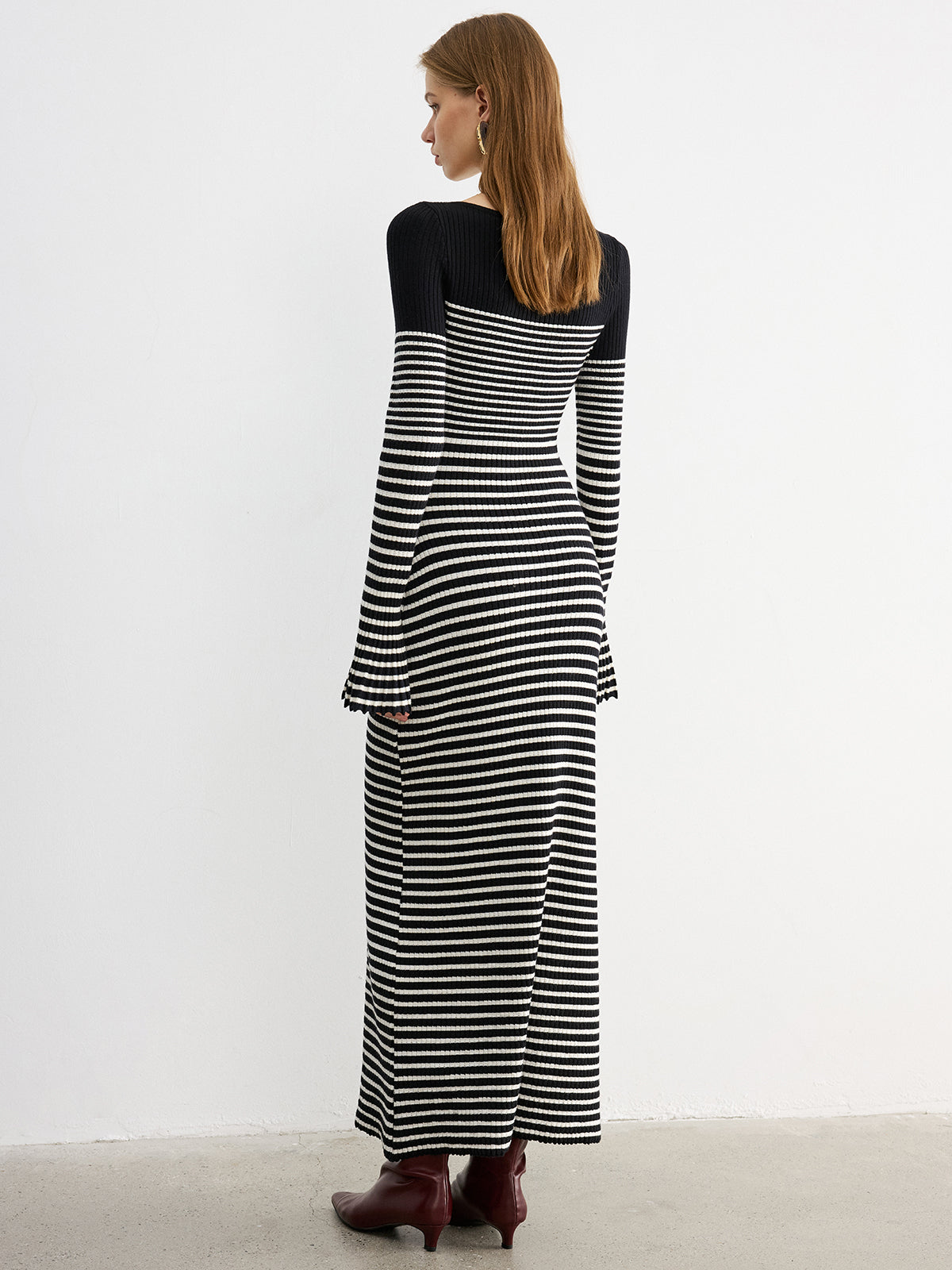 Flared Sleeve Color-Block Striped Knit Maxi Dress