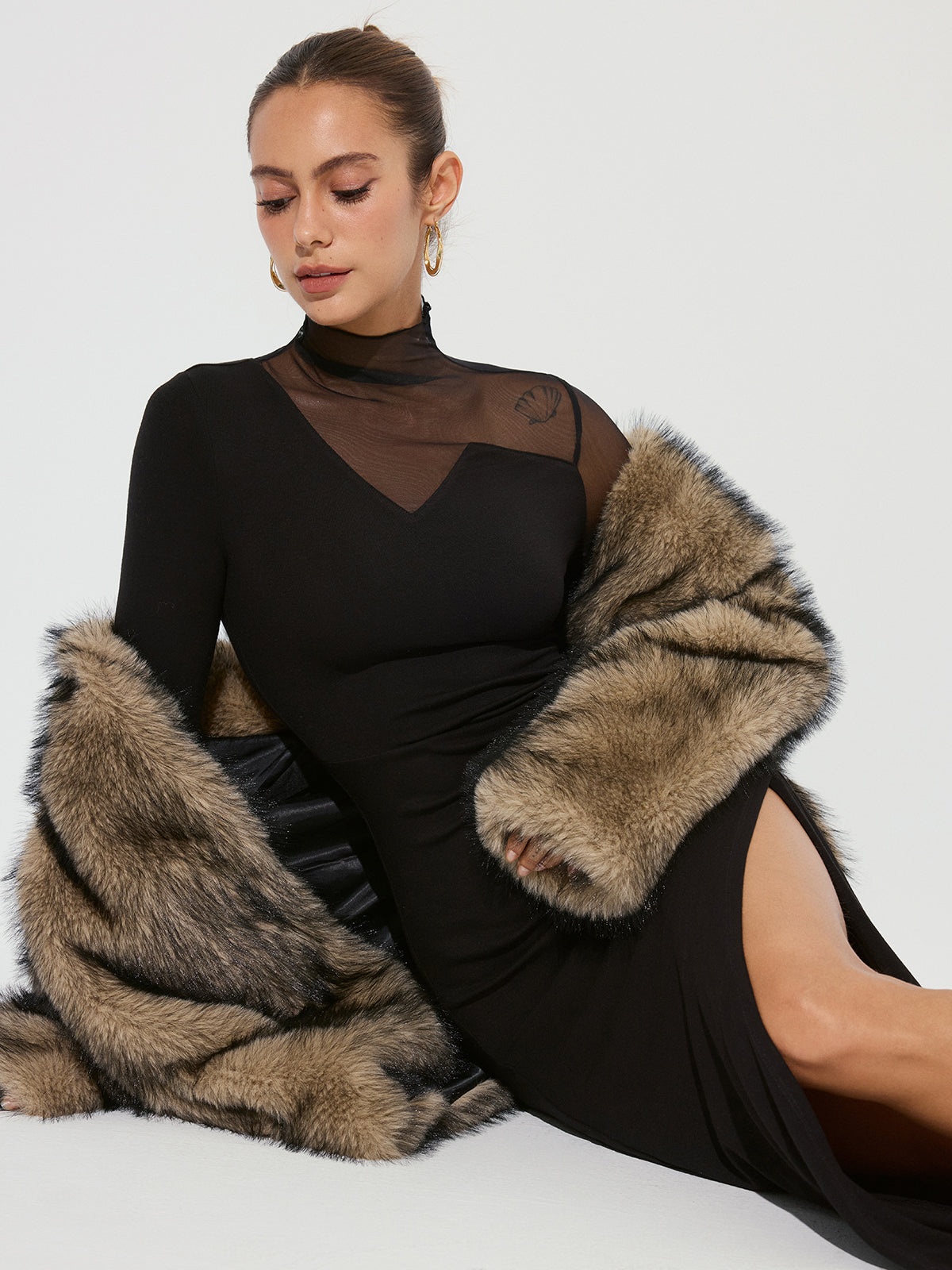 High Slit Ruched Mesh Panel Maxi Dress