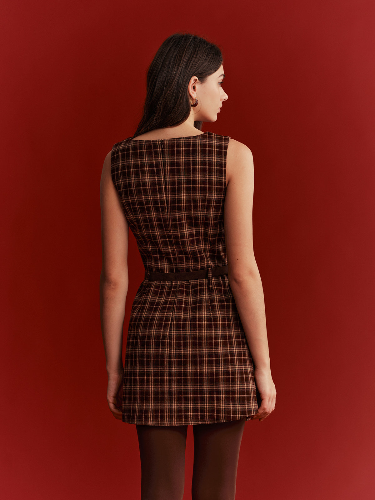 Belted Plaid Sleeveless Mini Dress