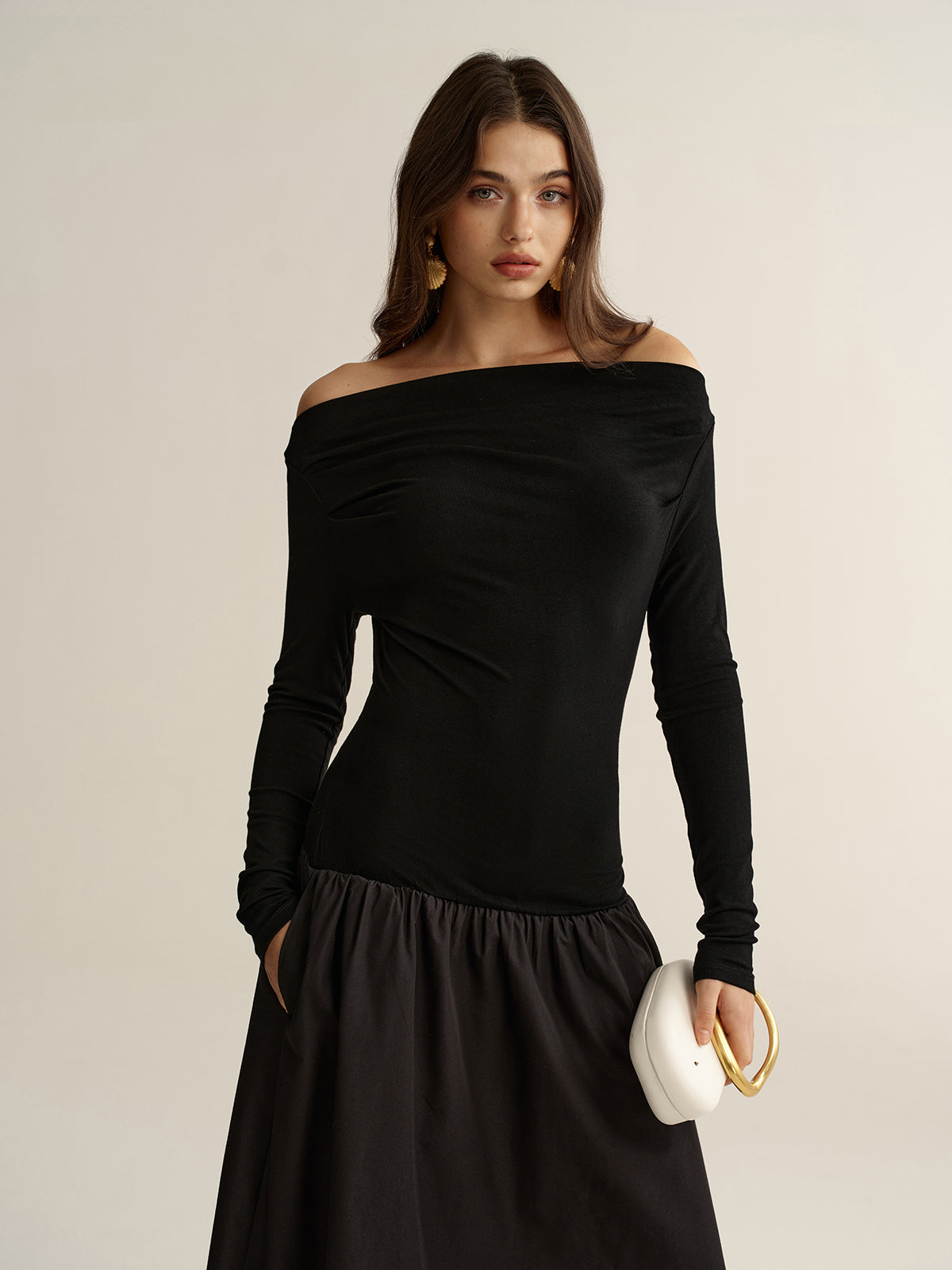 Off-Shoulder Long-Sleeve Maxi Dress