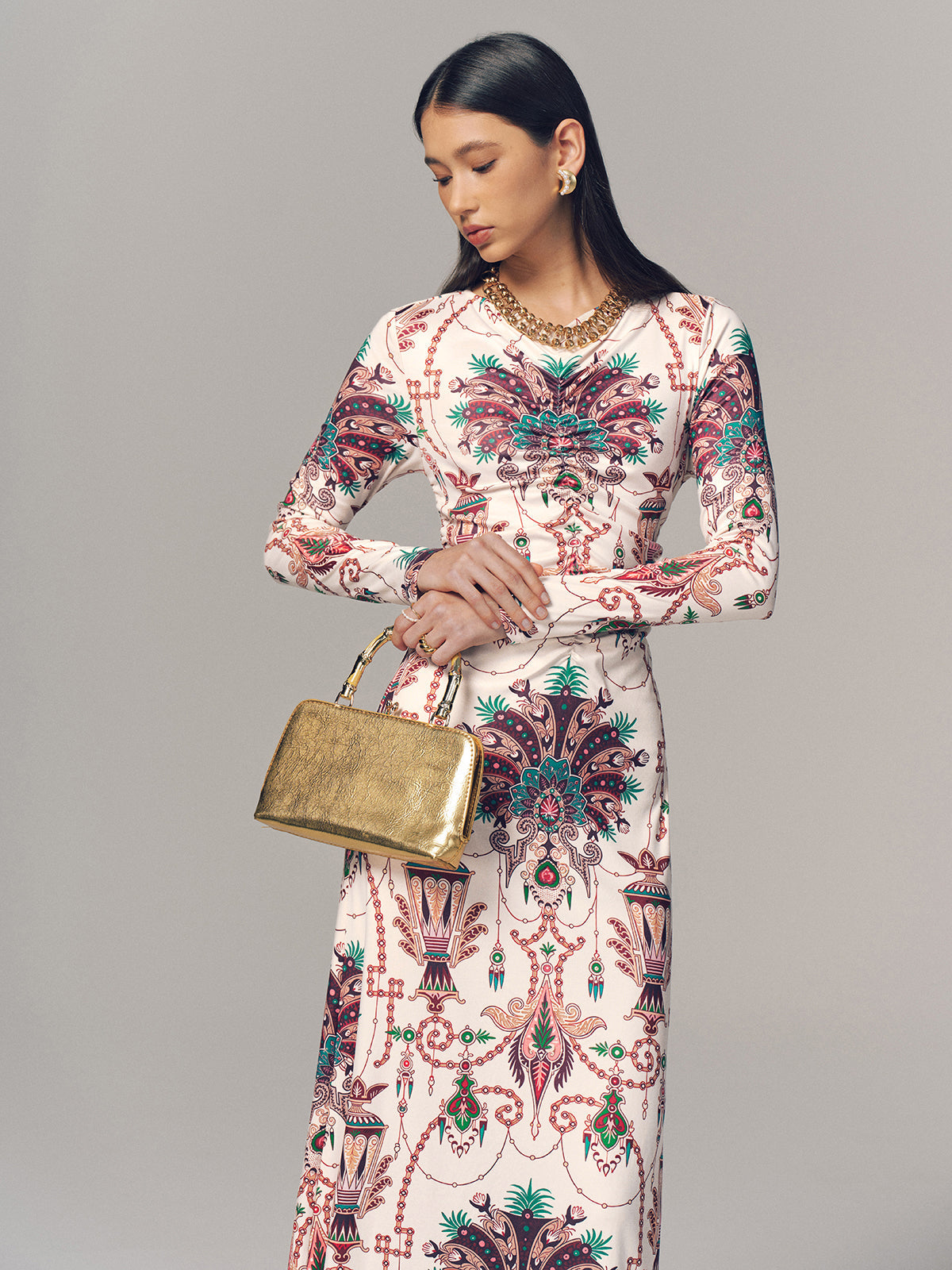 Ruched Printed Long-Sleeve Maxi Dress