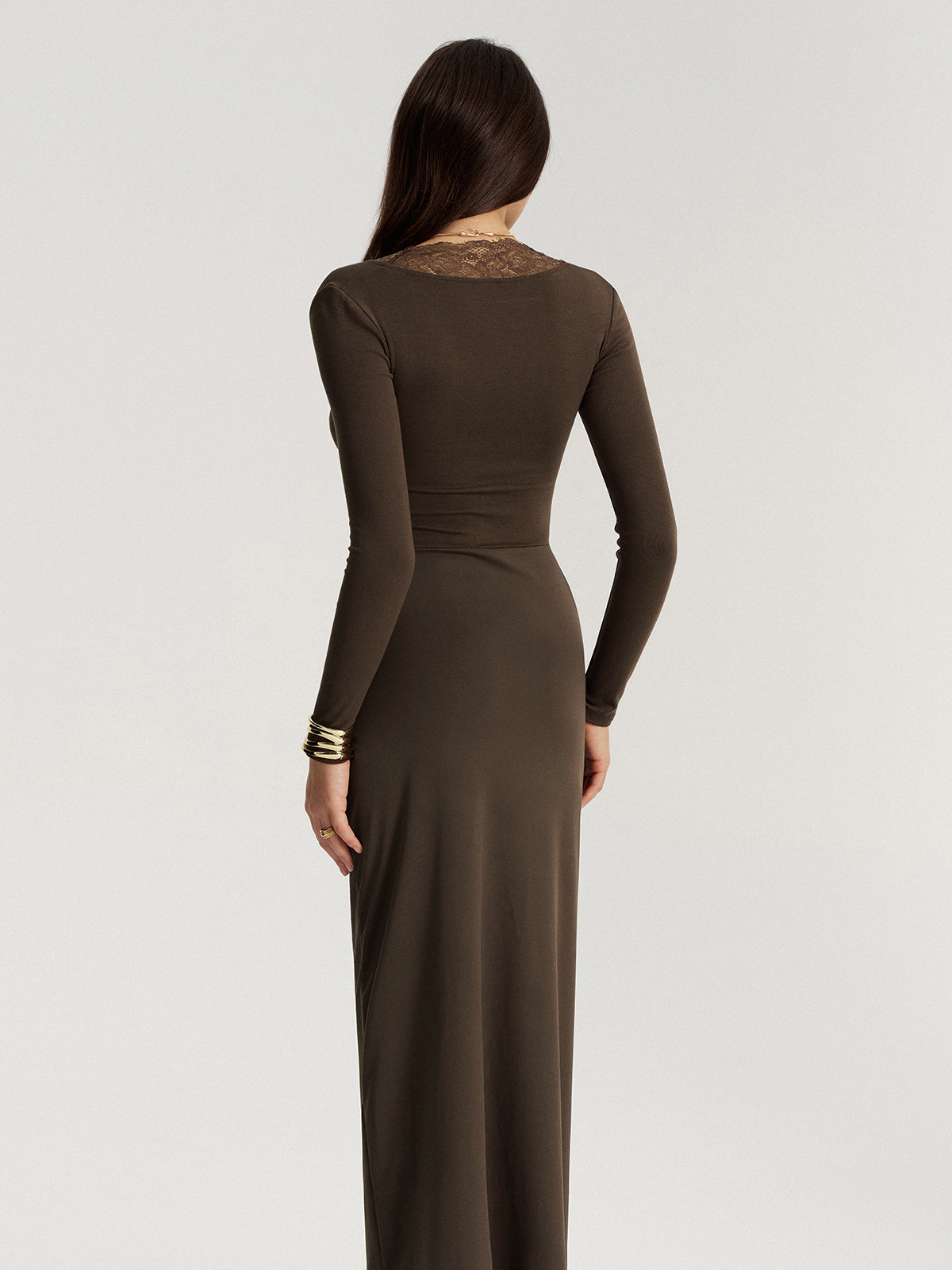Twisted Lace V-Neck Ruched Maxi Dress