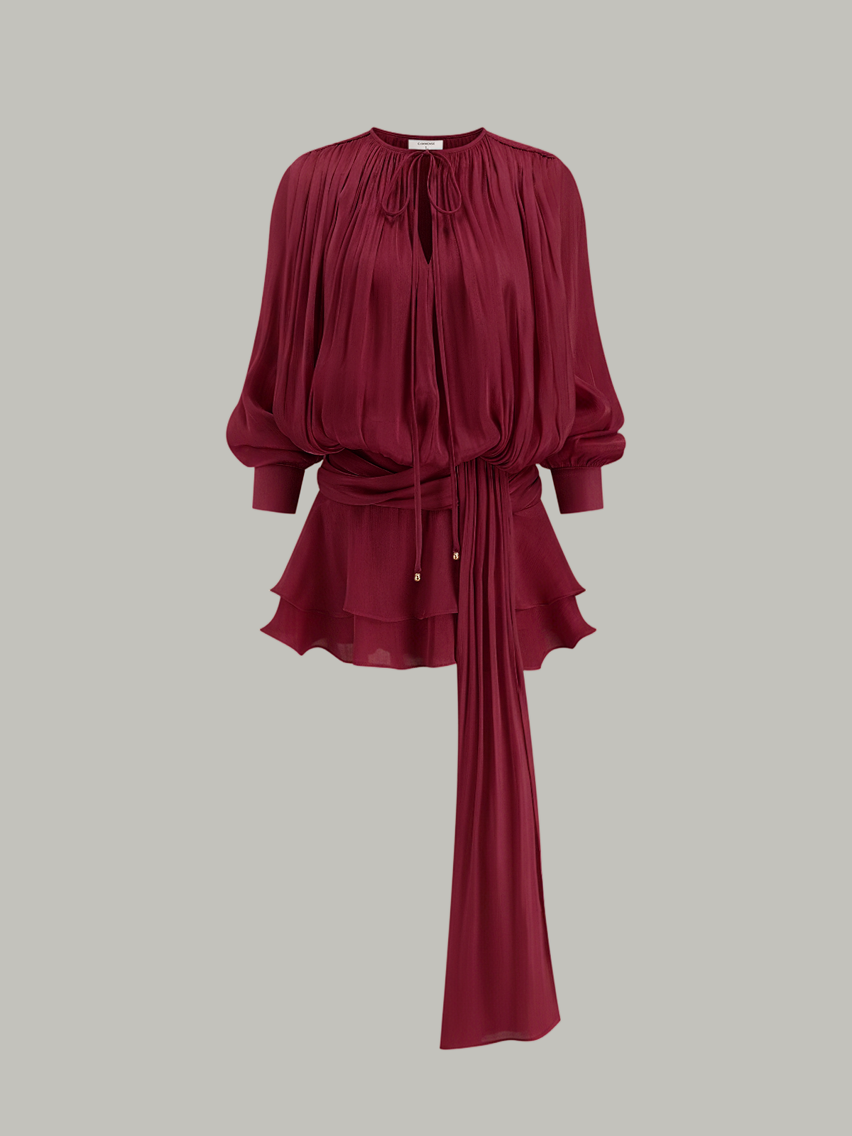 Semi-Sheer Tiered Draped Tie-Waist Mini Dress