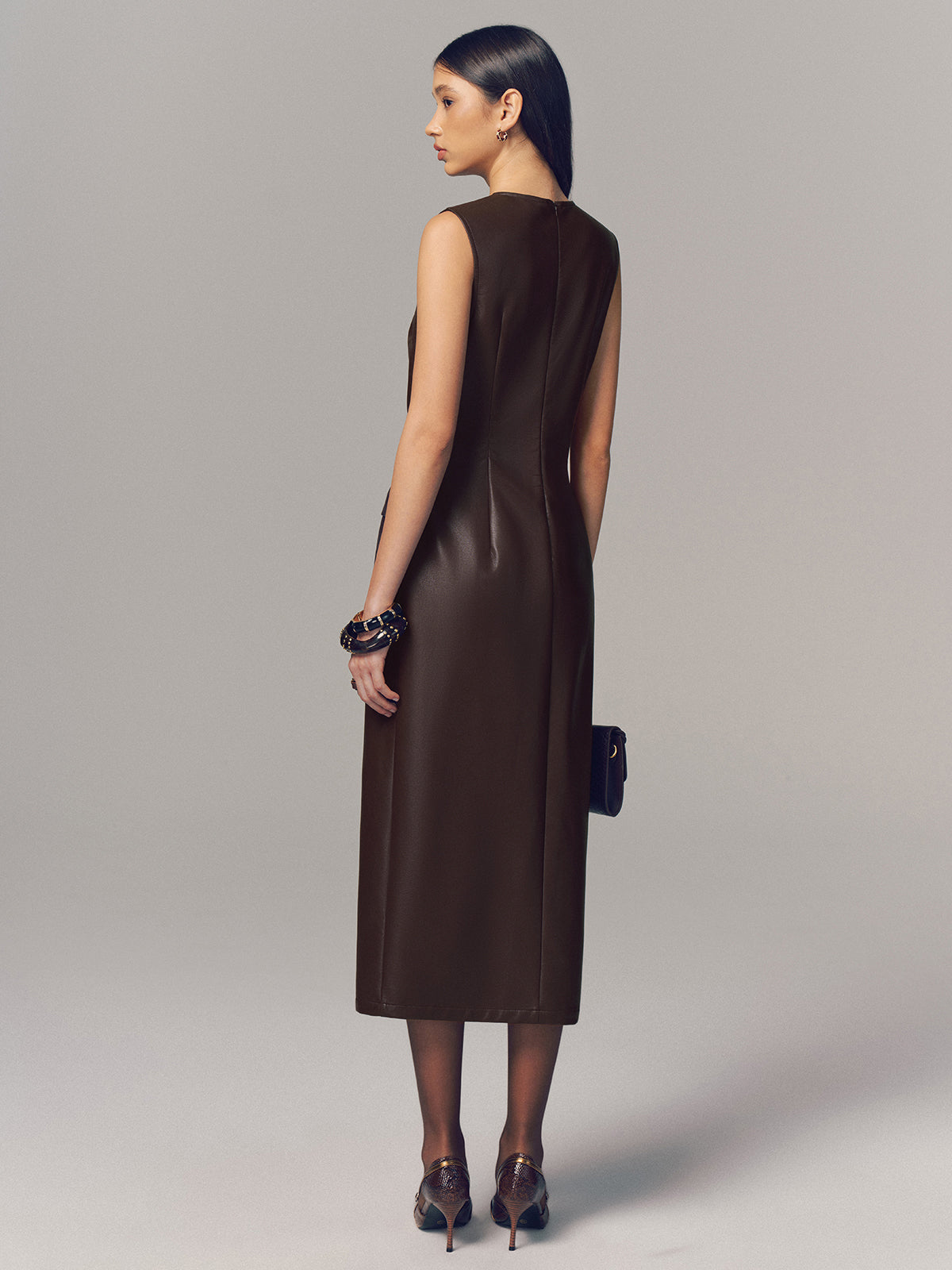 Belted Metal Button Faux Leather Sleeveless Maxi Dress