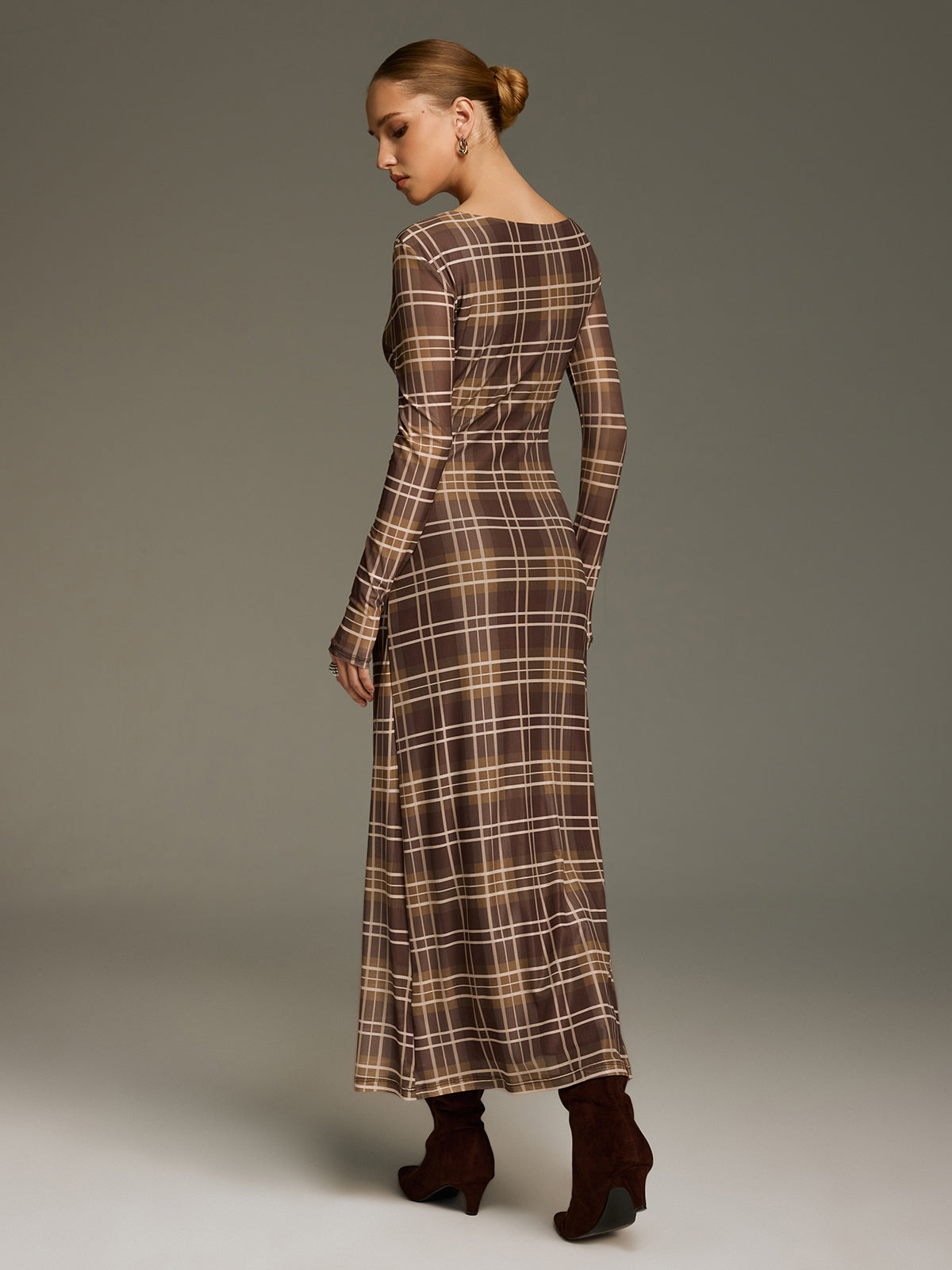 Plaid Mesh Off-Shoulder Maxi Dress without Belt