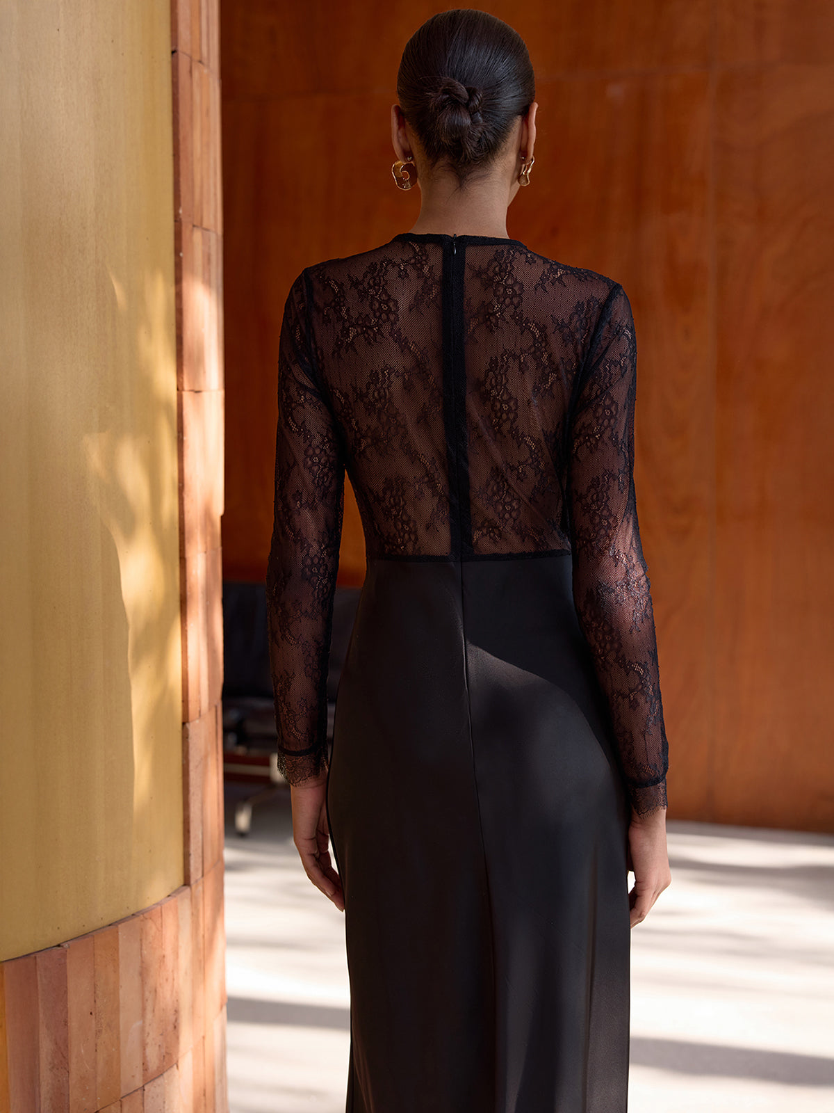 Sheer Lace Panel Satin Midi Dress