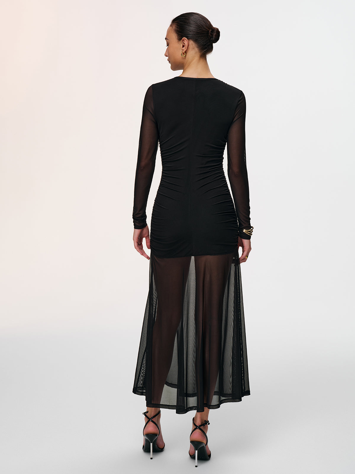 Semi-Sheer Mesh Ruched Keyhole-Neck Dress