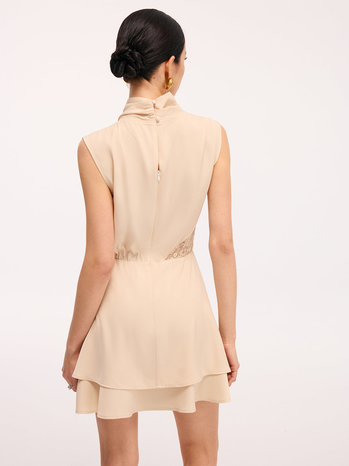 Layered Hem Lace Panel Satin Dress without Belt