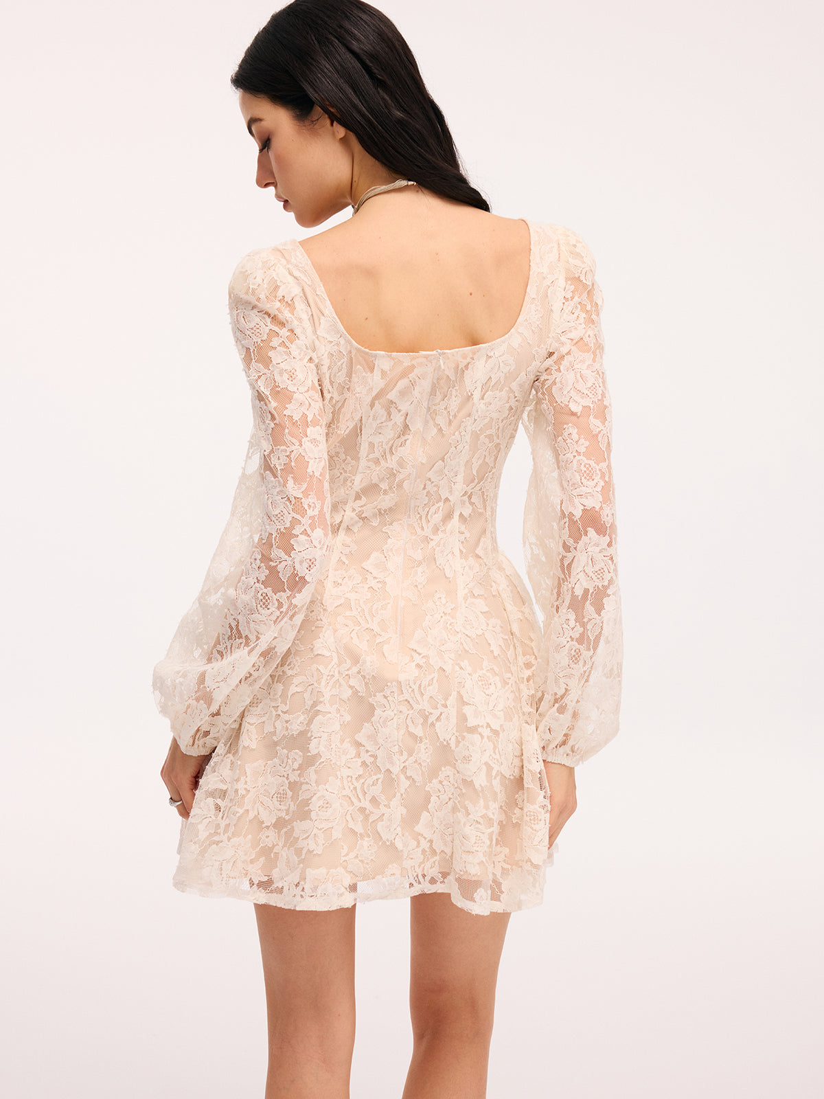Semi-Sheer Floral Lace Square Neck Mini Dress