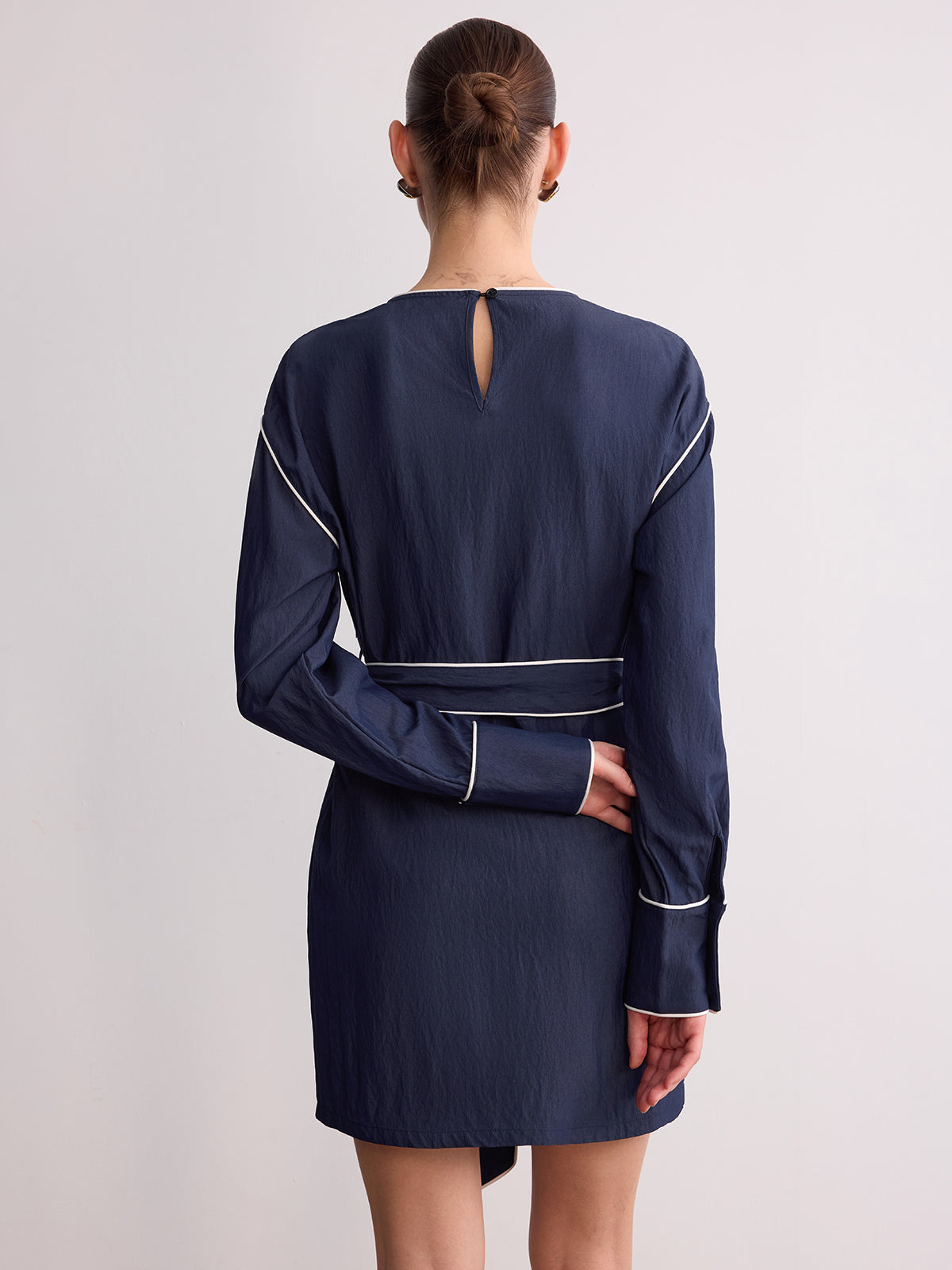 Belted Contrast Piping Long Sleeve Mini Dress