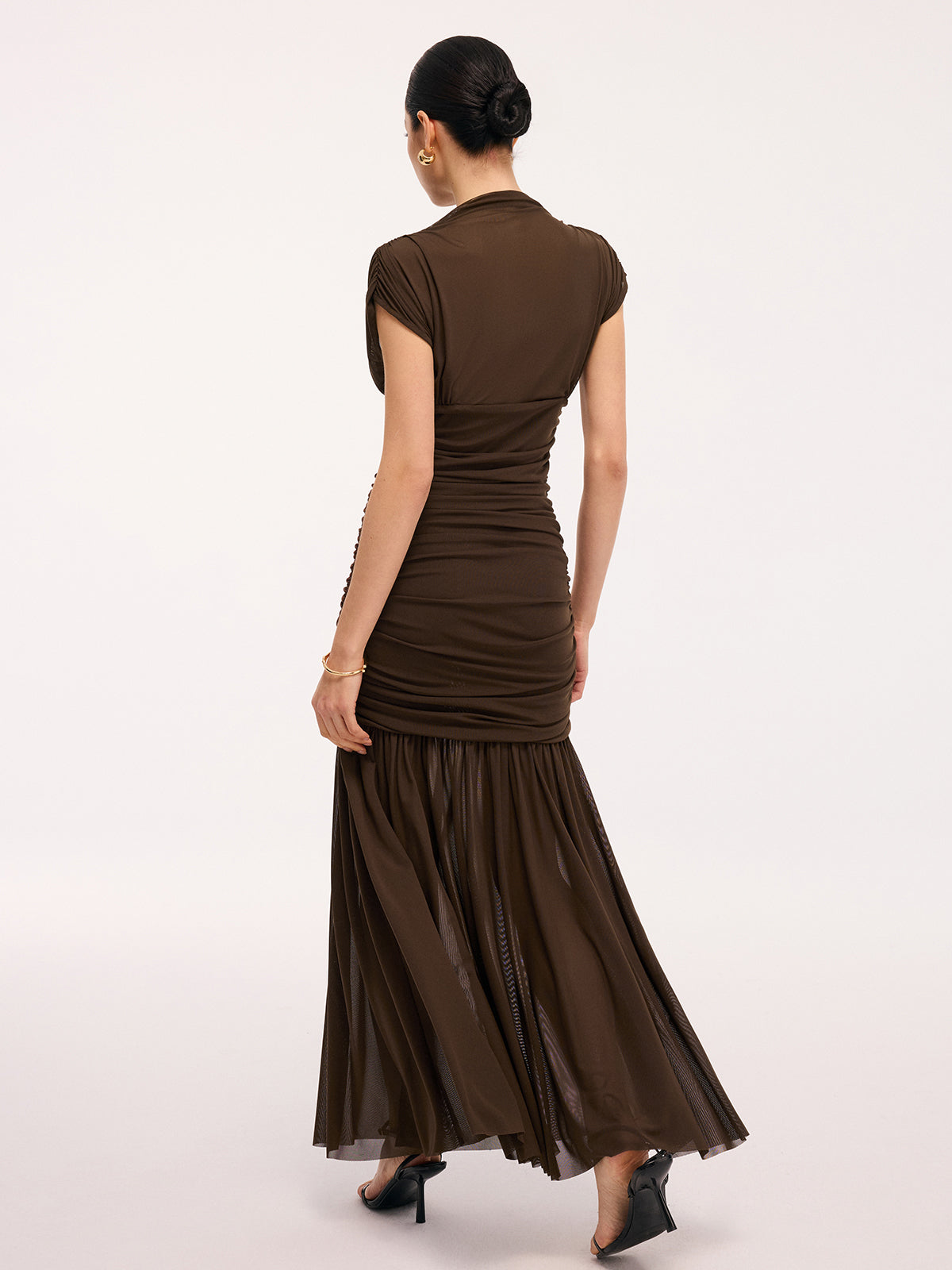 Semi-Sheer Ruched Mesh Cap Sleeve Maxi Dress