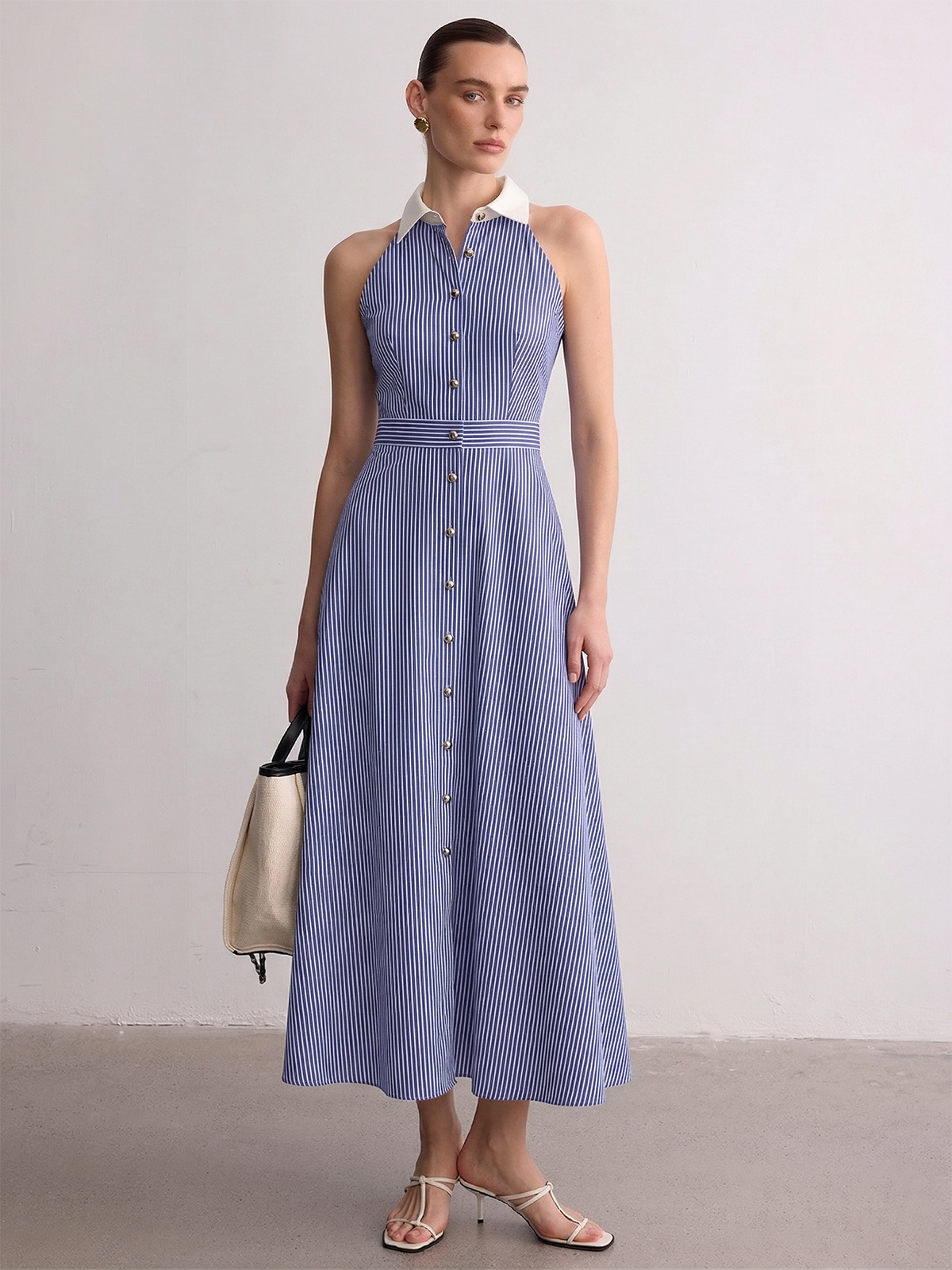 Collared Striped Sleeveless Buttoned Maxi Dress