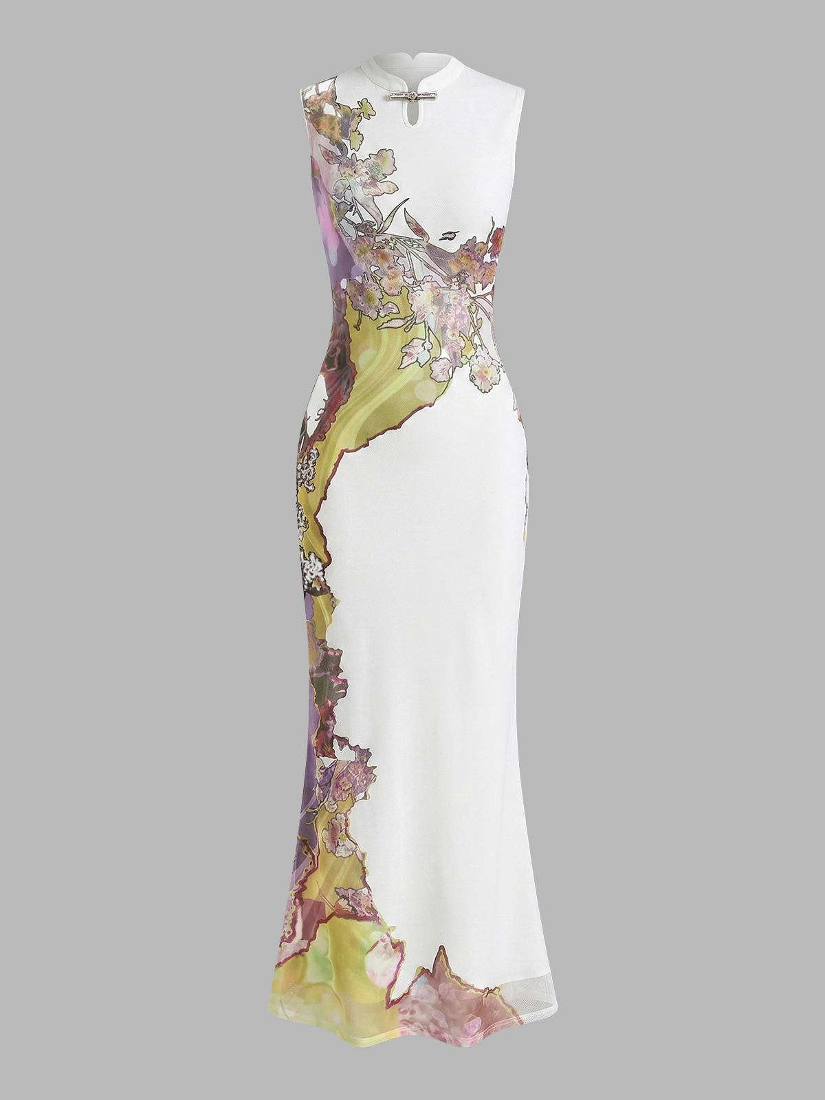 Sleeveless Floral Cheongsam Maxi Dress