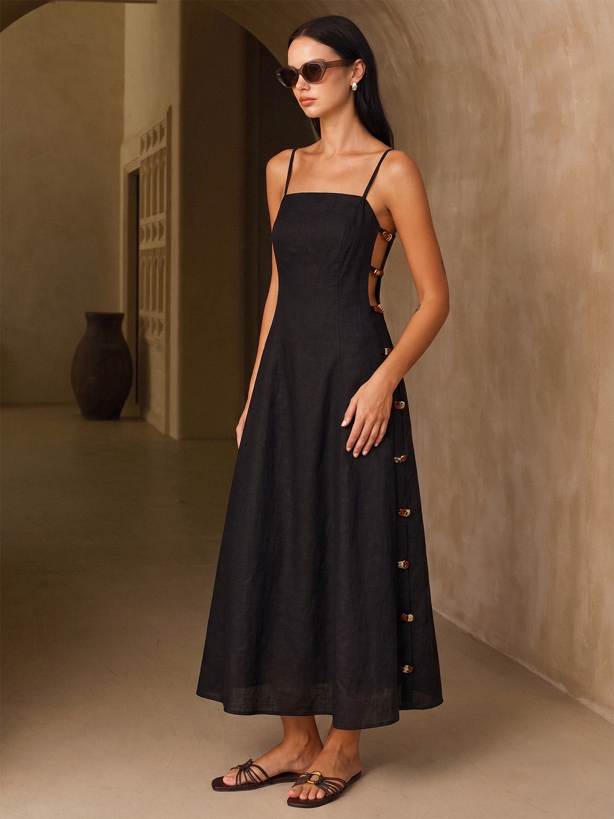 Linen-Blend Amber Detail Cami Midi Dress