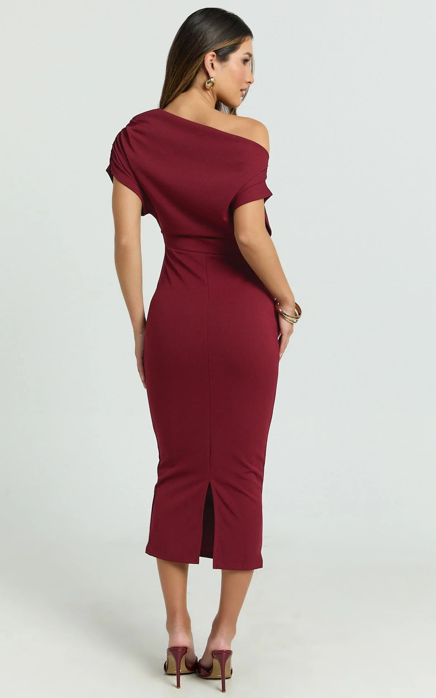 Nalfie Midi Dress - Tipped Shoulder Jersey Drape Dress in Wine