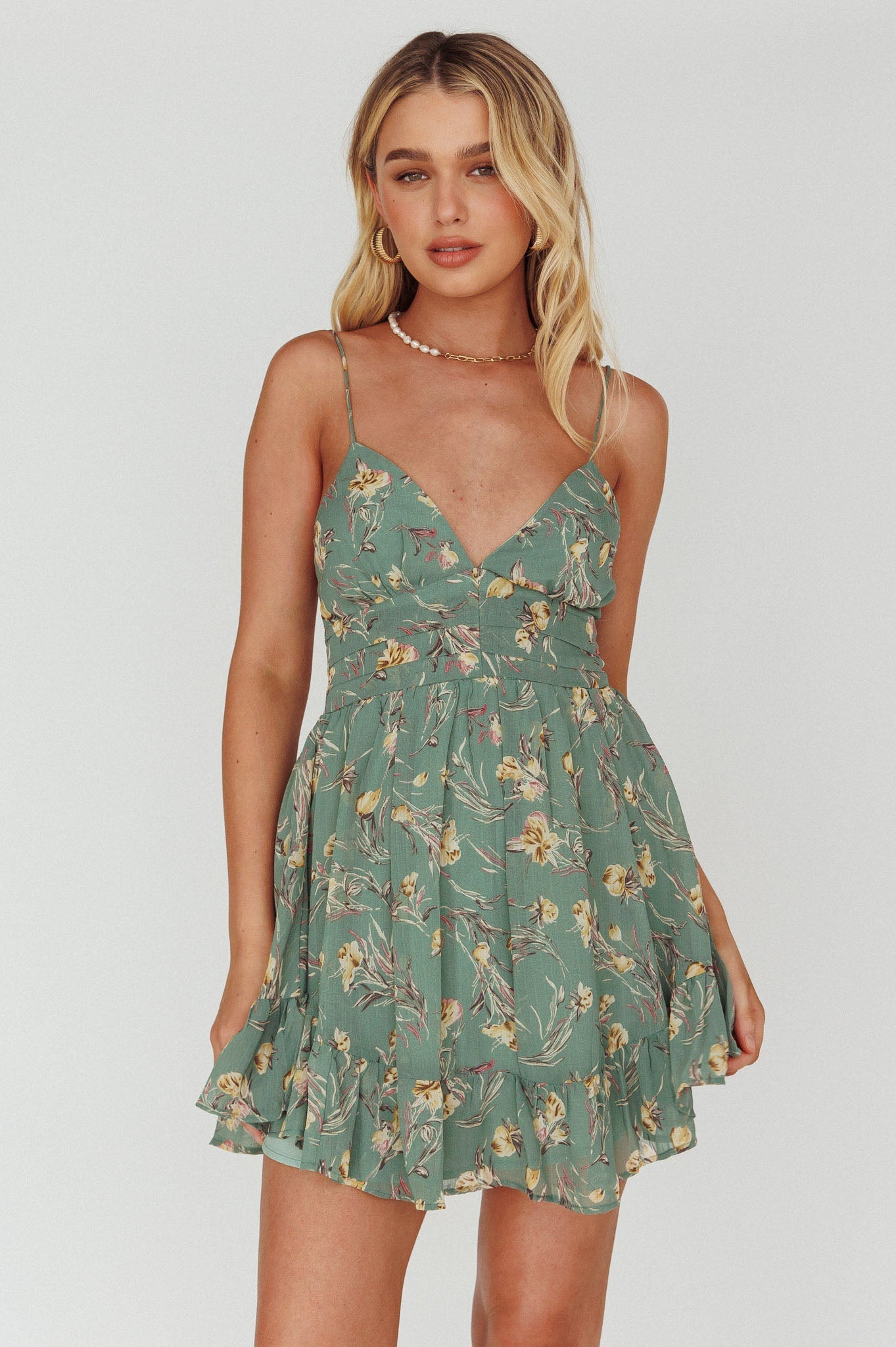 Got Love Frill Hem Mini Dress Floral Sage
