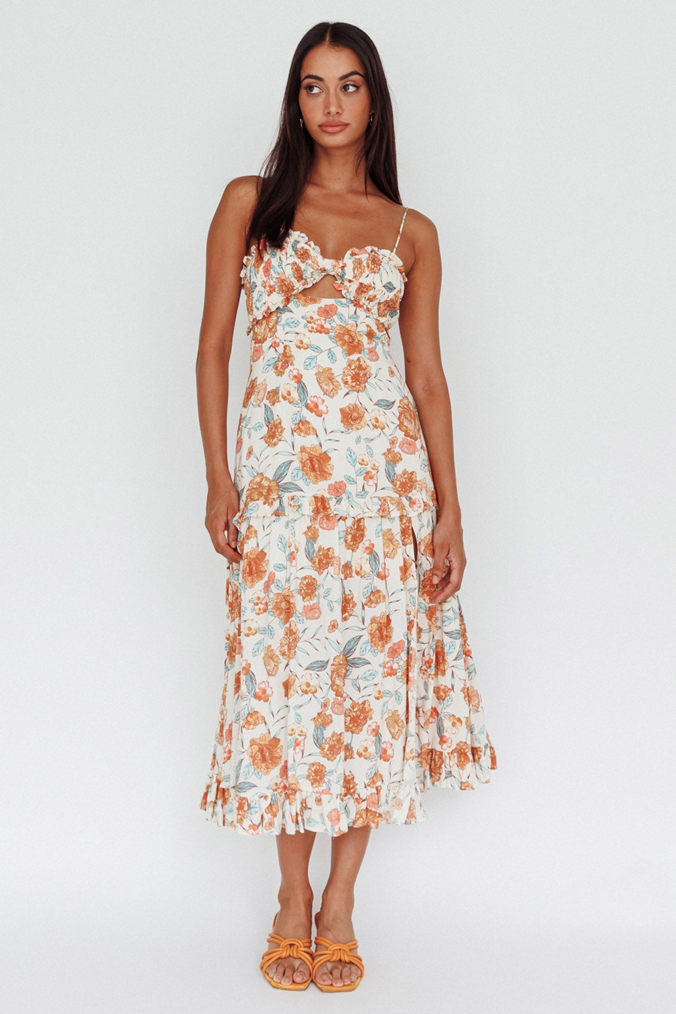 Everglow Shirred Bust Midi Dress Floral Beige