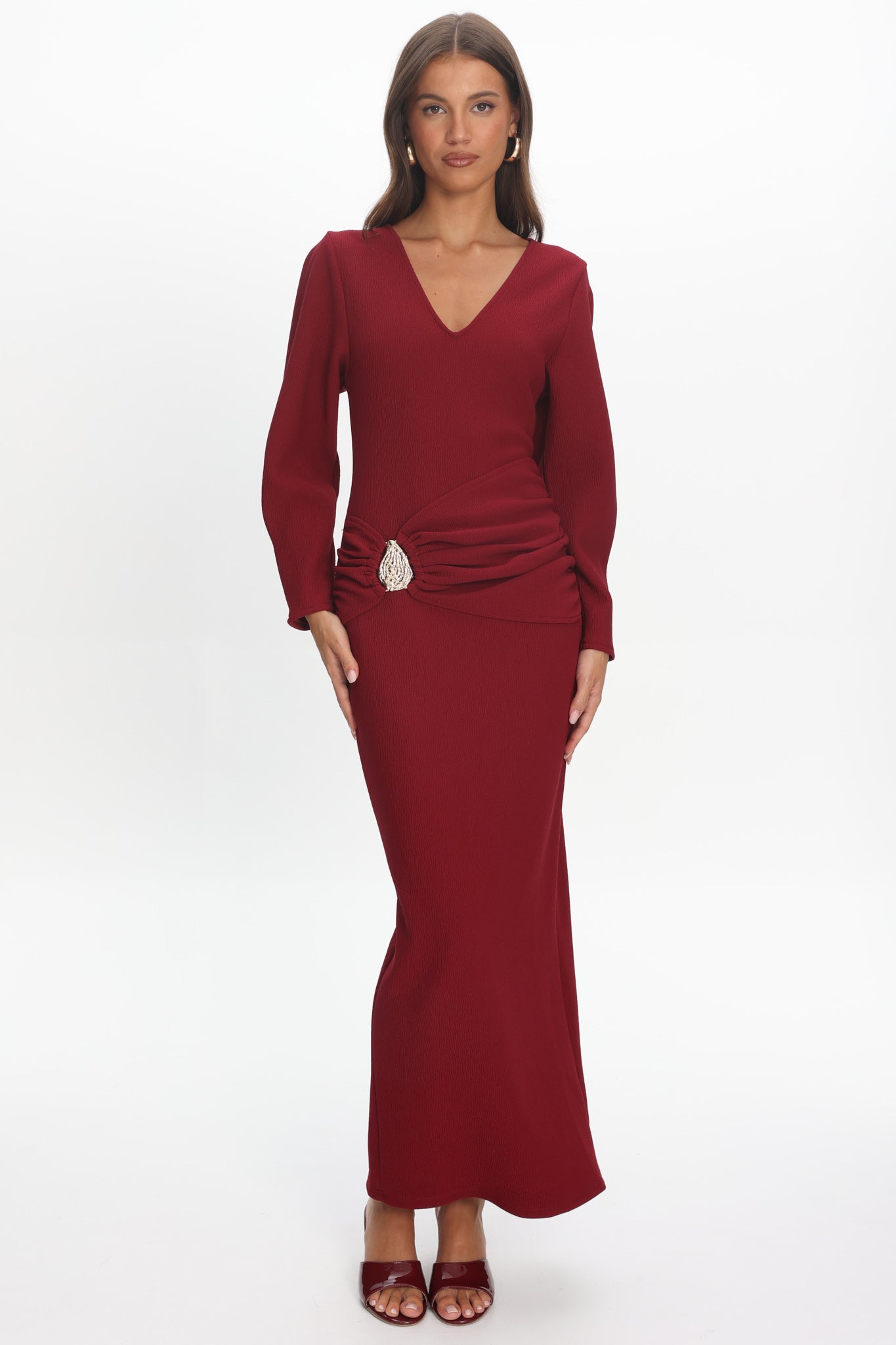 Briona Long Sleeve Buckle Maxi Dress Burgundy