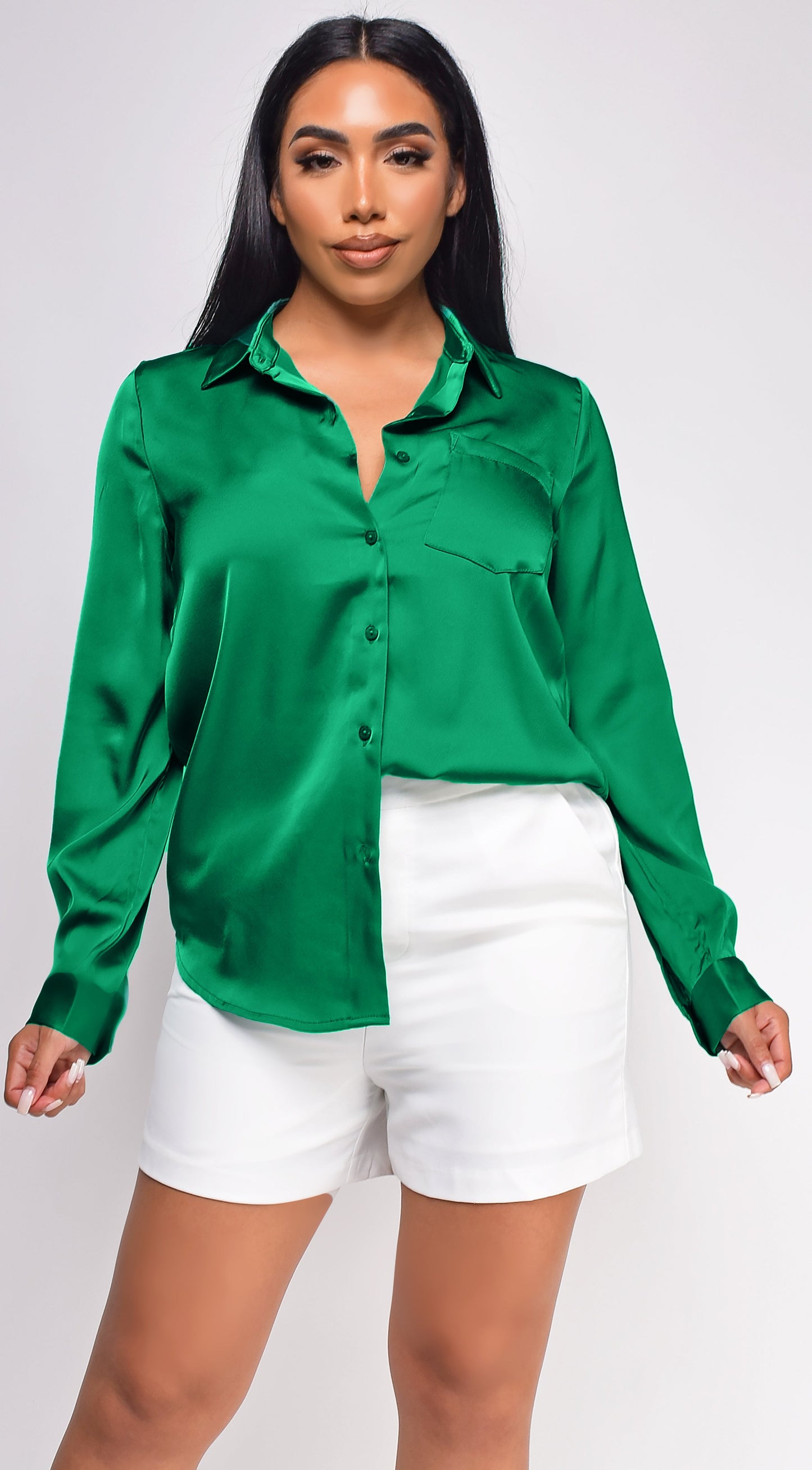 Braylee Satin Button Down Blouse Top - Kelly Green