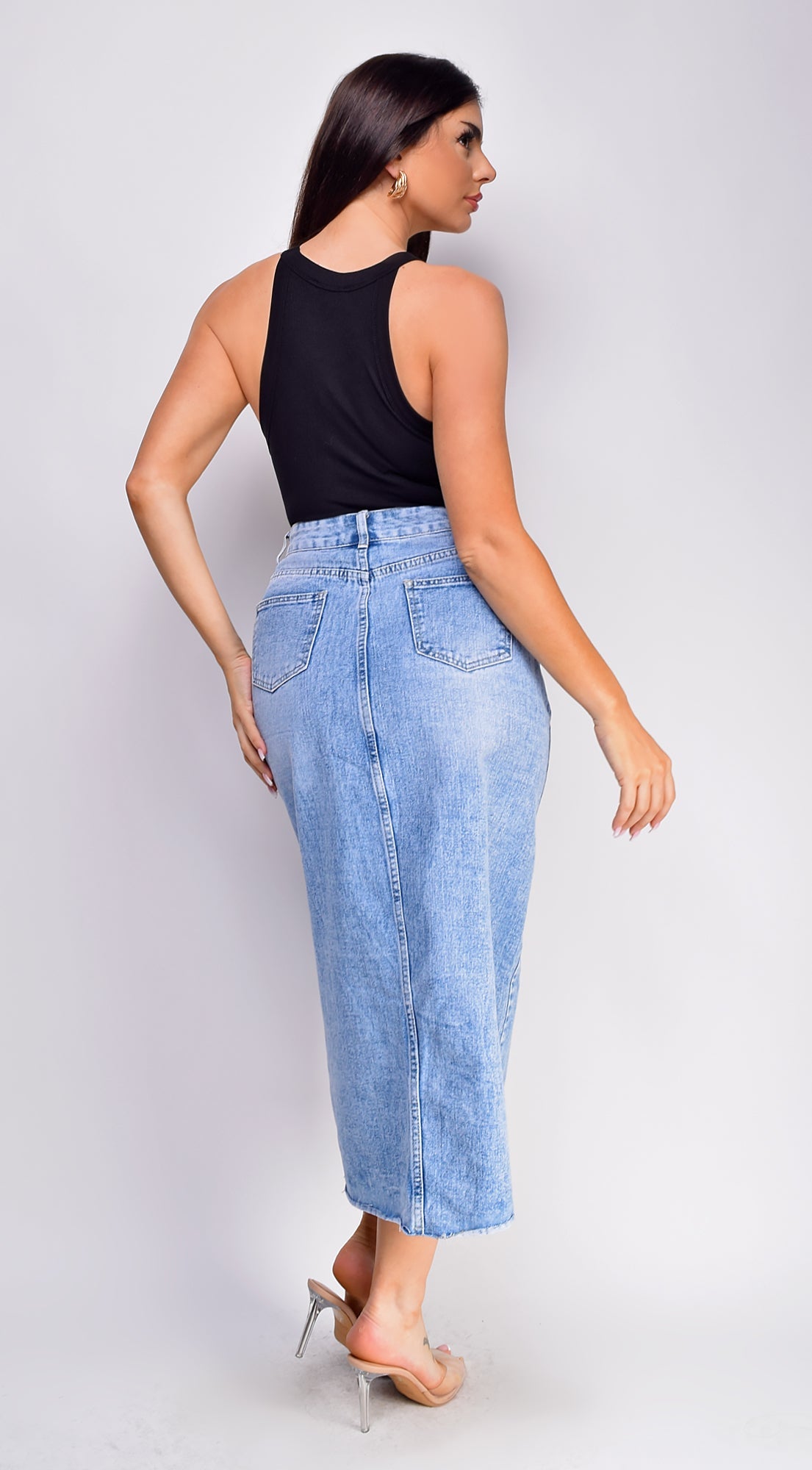 Frances High Rise Denim Midi Skirt - Blue