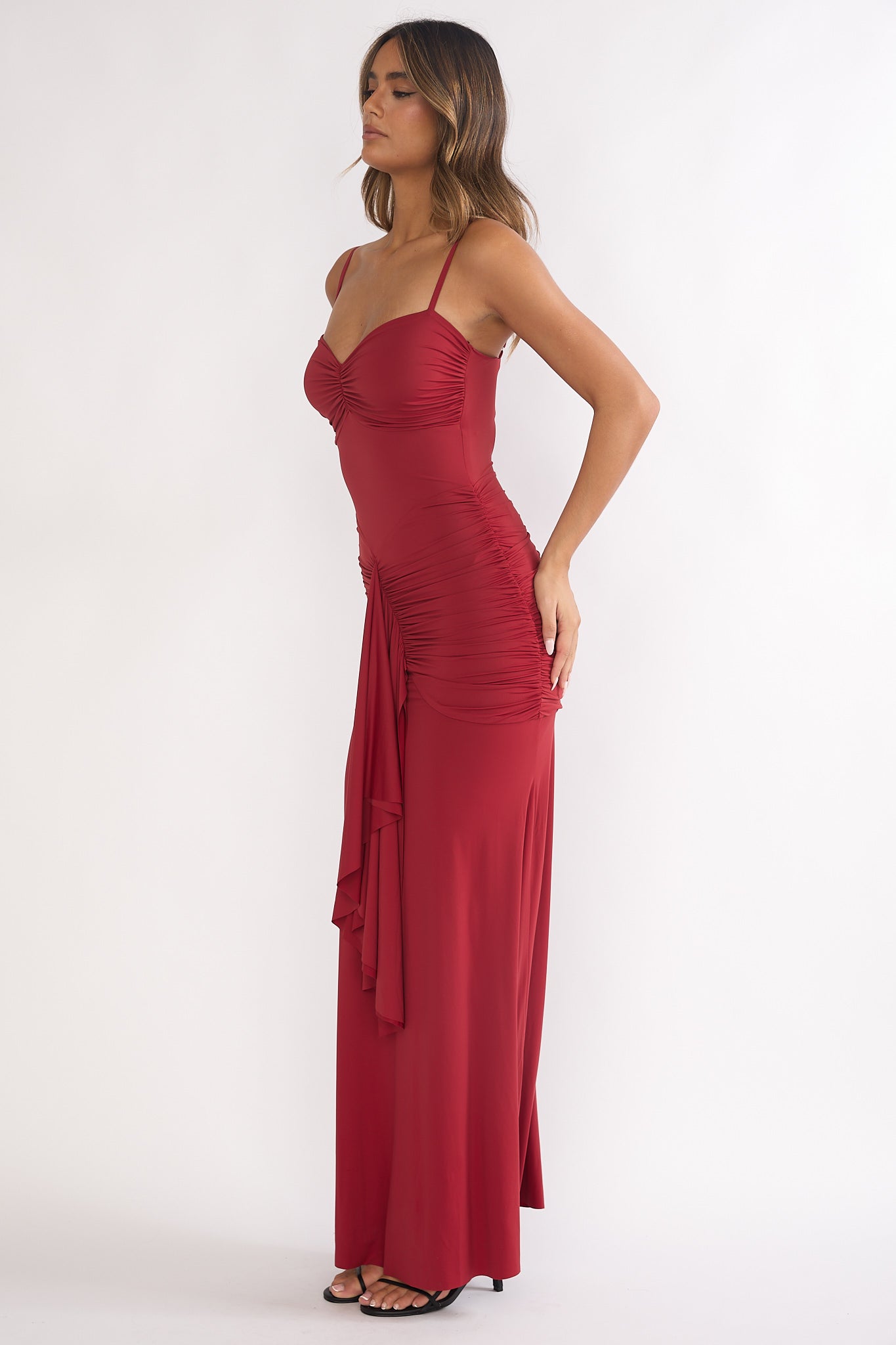 Lunara Ruched Cascade Sash Dress Wine