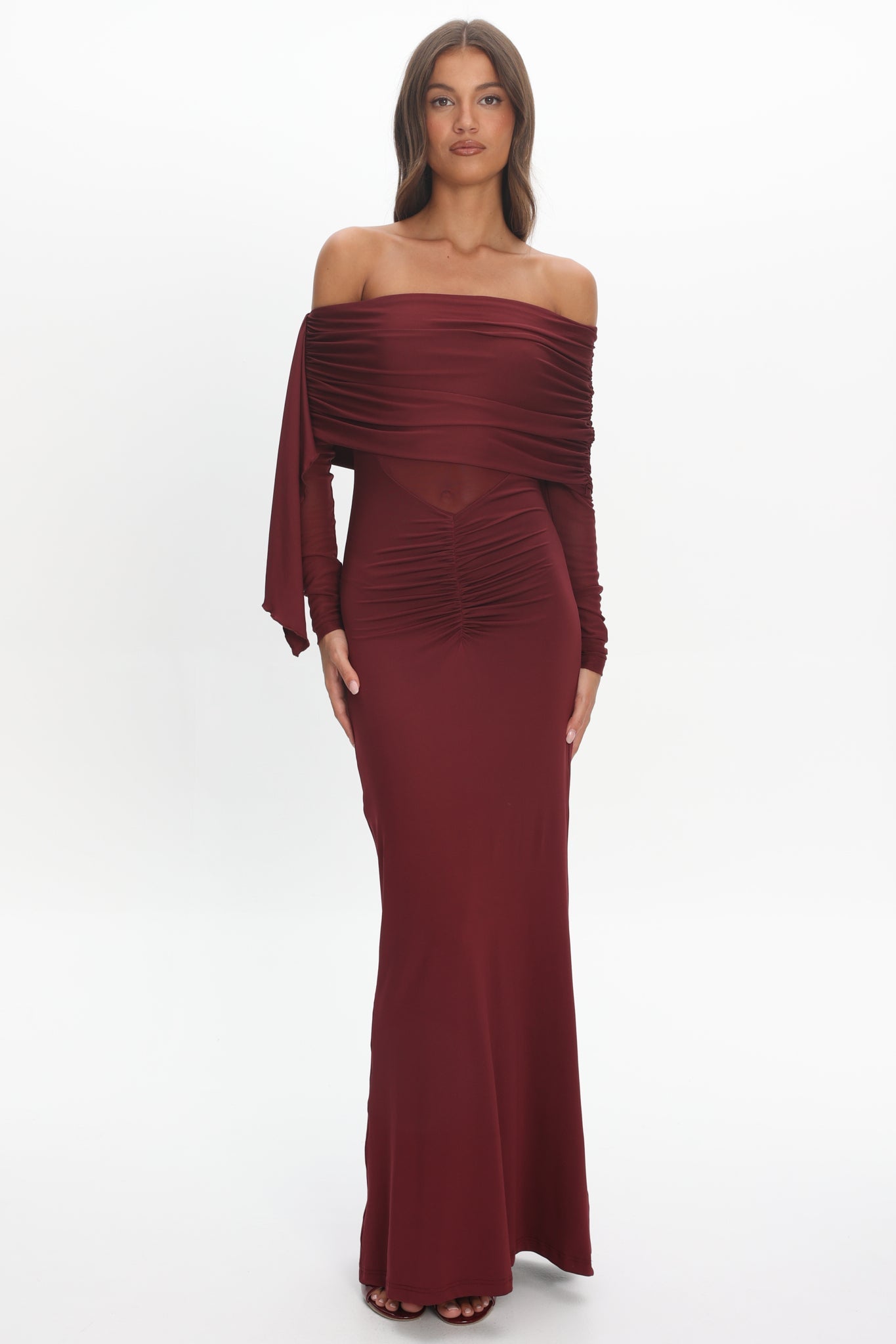 Marlowe Off-Shoulder Sheer Waist Maxi Dress Wine