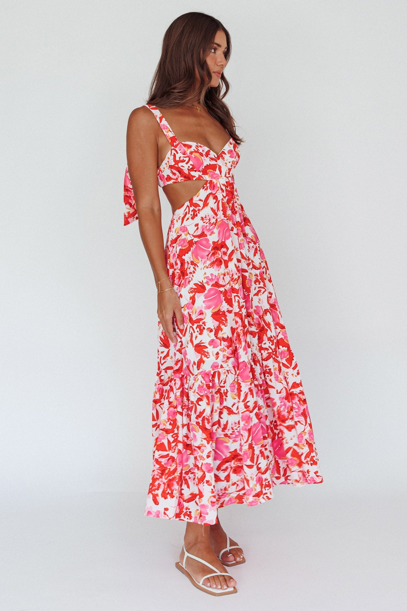 Sun Seeker Tied Shoulder Cut-Out Maxi Dress Floral Red