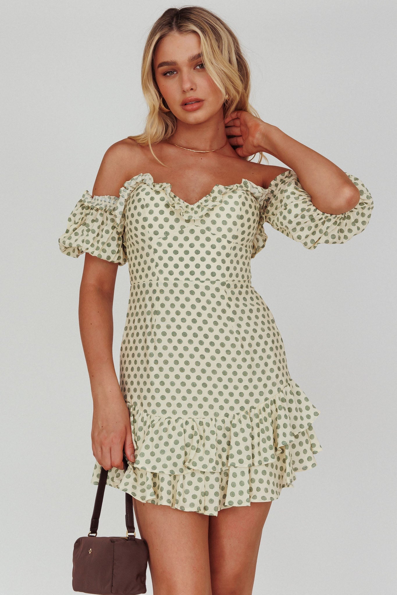 Homecoming Queen Sweetheart Neckline Puff Sleeve Dress Polka Dot Green