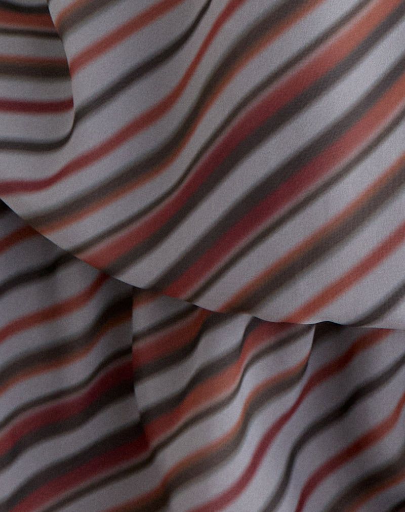 Veloria Halterneck Mini Dress in Chiffon Grey and Maroon Diagonal Stripe