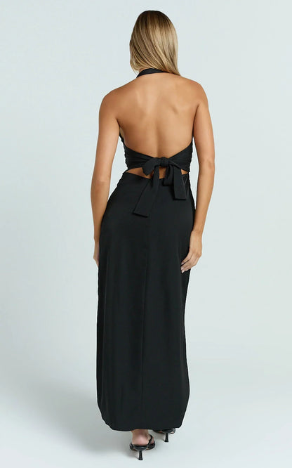 Lorvie Maxi Dress - Halter Plunge A Line Dress in Black