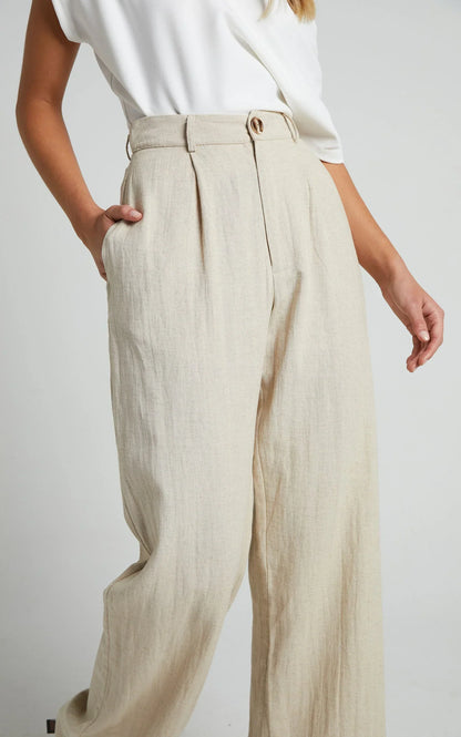 Larissa Trousers - Linen Mid Waisted Relaxed Straight Leg Trousers in Oatmeal
