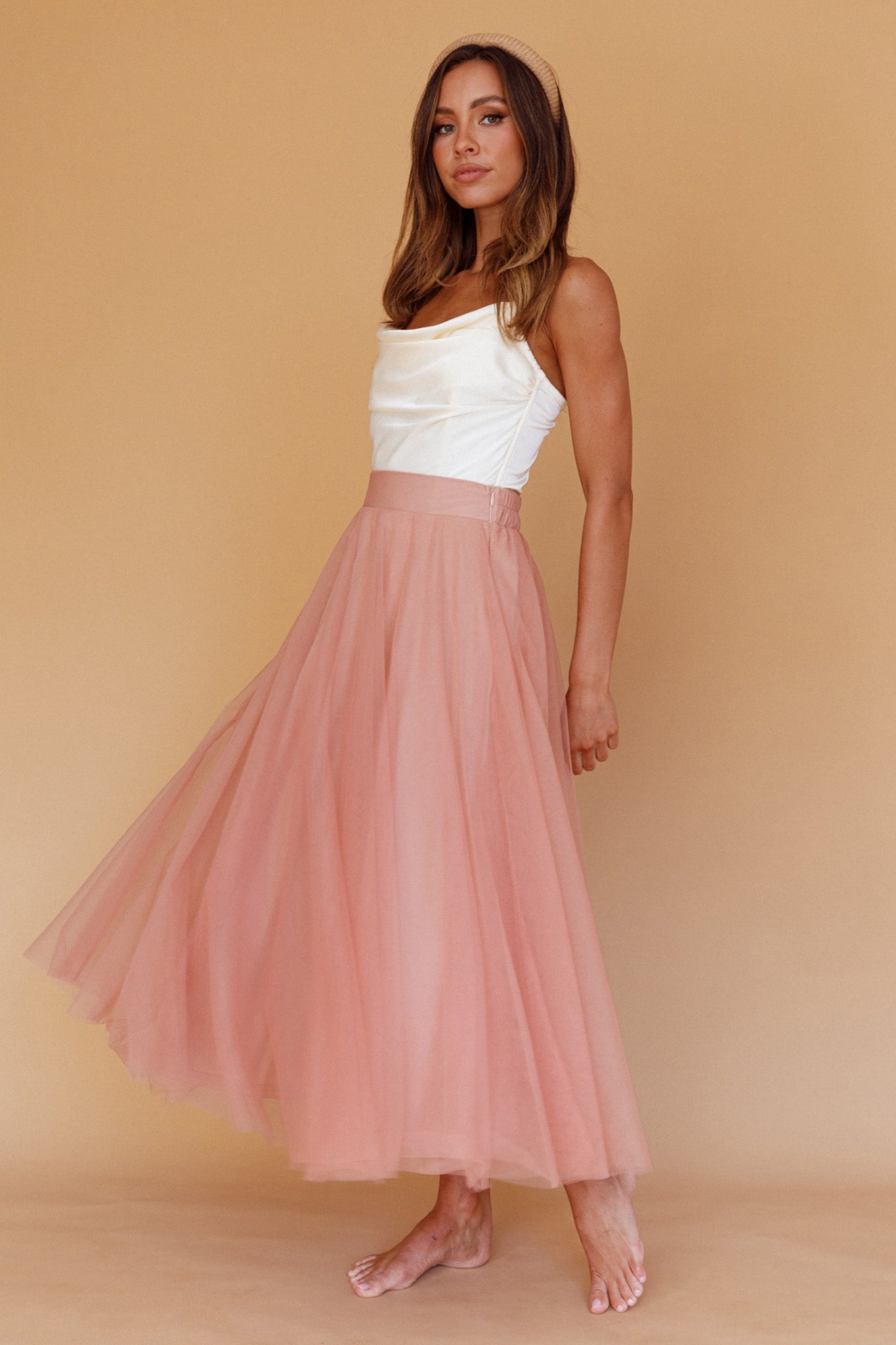 Jasmine Organza Mesh Elasticated Waist Midi Skirt Lipstick