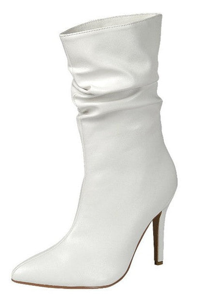 Ava Faux Leather Ruched High Heel Booties - White