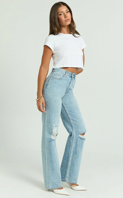 Miho Jeans - High Waisted Recycled Cotton Distressed Straight Leg Denim Jeans in Mid Blue Wash