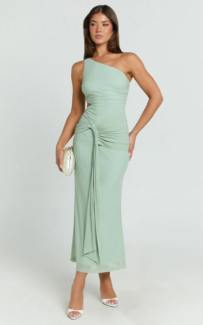 Mandy Midi Dress - Knot Detail Cut Out Mesh Dress in Sage