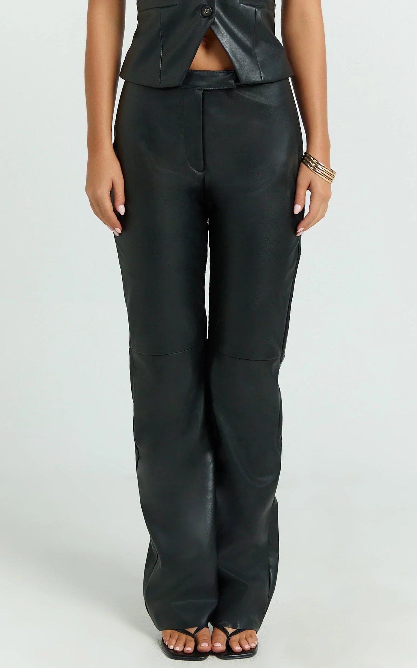 Marzia Pants - Faux Leather Mid Waisted Straight Leg Pants in Black
