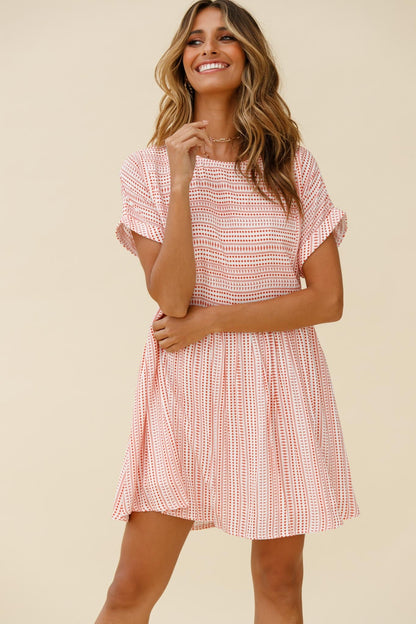 Susie Rolled Sleeve Crew Neck Swing Dress Stripe Pattern Red