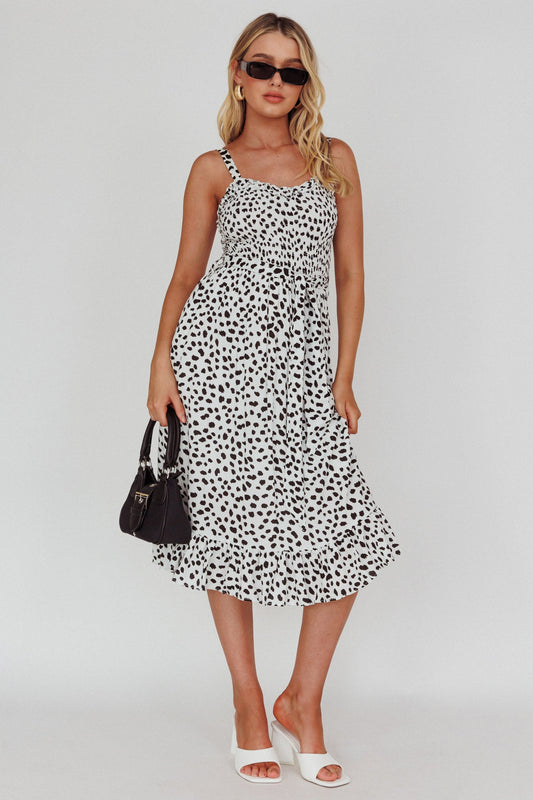 Honey Shirred Frill Midi Dress White/Black