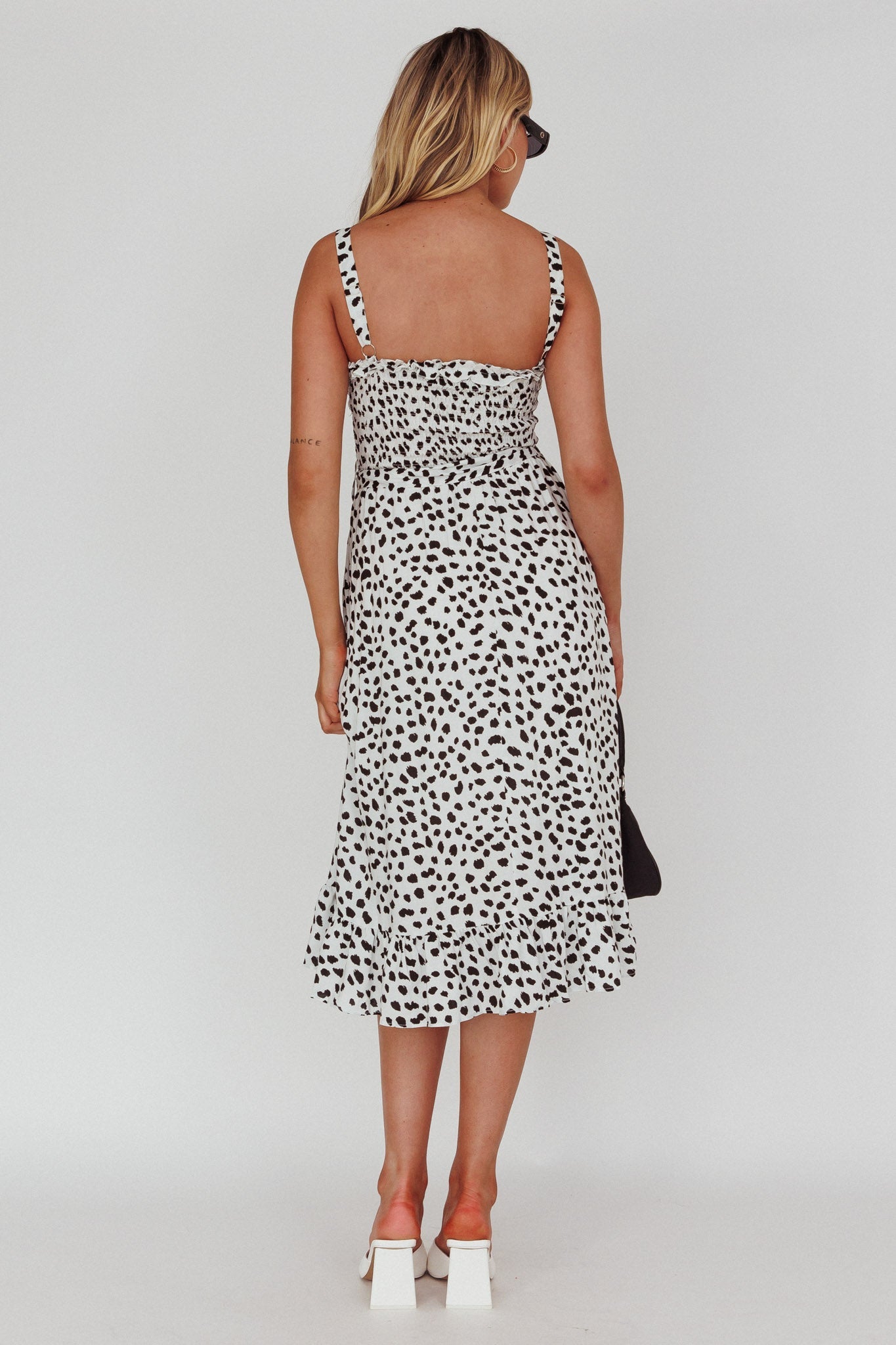 Honey Shirred Frill Midi Dress White/Black