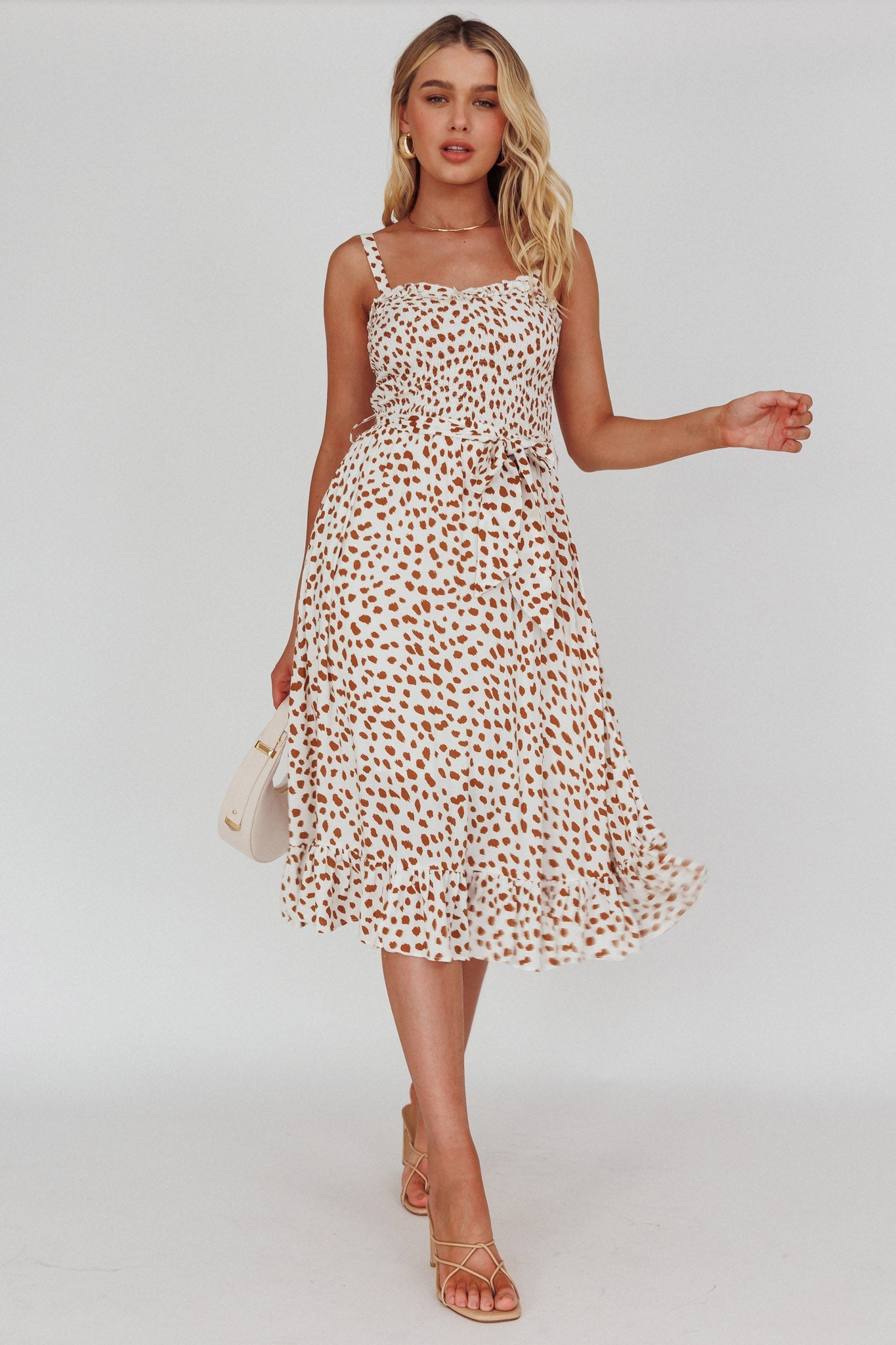 Honey Shirred Frill Midi Dress White/Brown